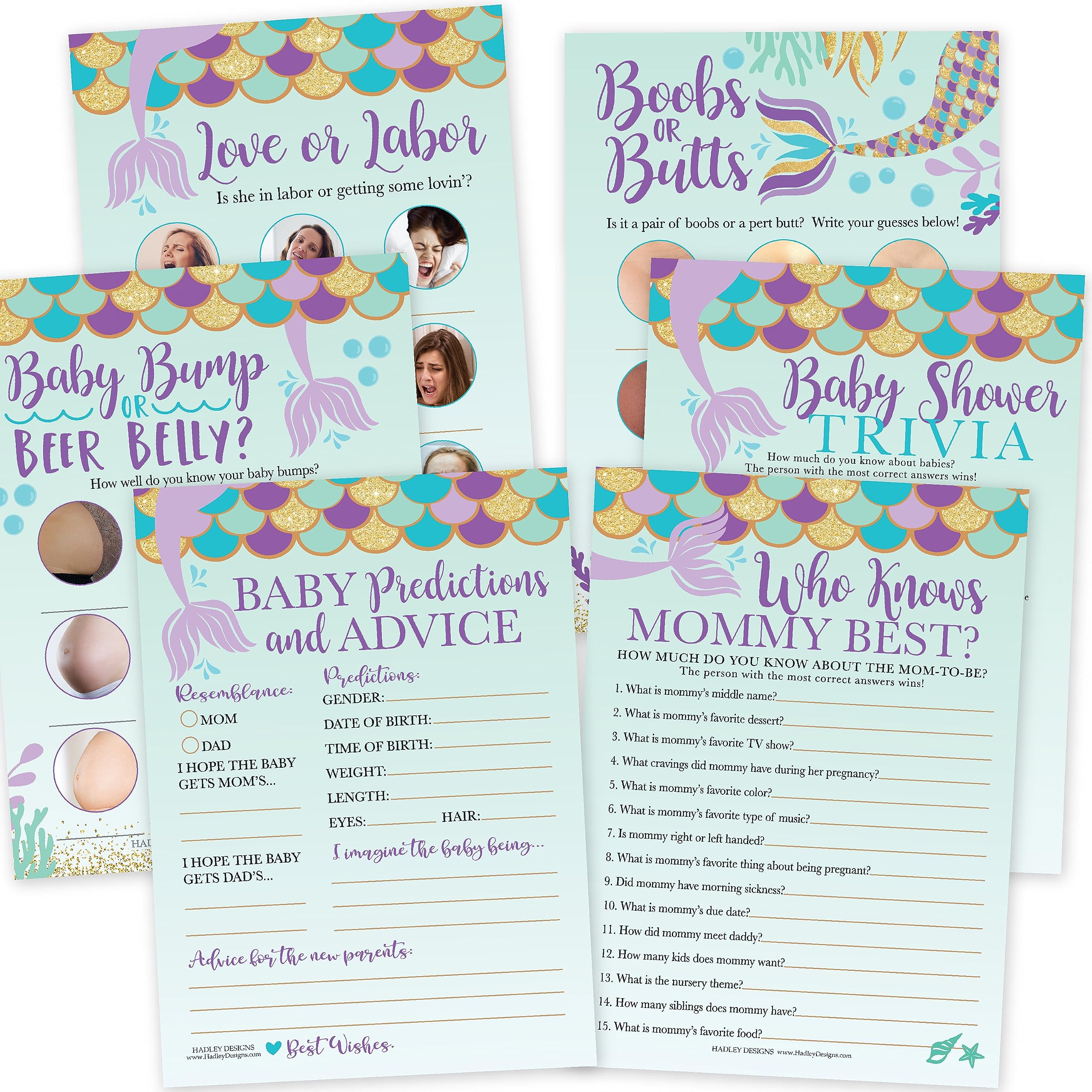 Photo 1 of Hadley Designs 75 Mermaid Baby Shower Games For Girls - 6 Games Double Sided, Who Knows Mommy Best Baby Shower Game Funny, Love or Labor, Beer Belly, Baby Trivia, Baby Prediction And Advice Cards etc…