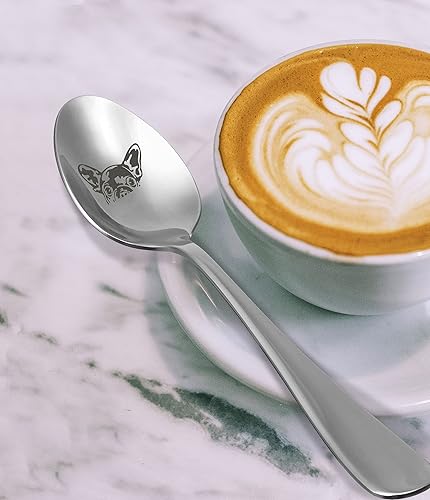 Miniatura 5 de WIRESTER Juego de 2 cucharas grabadas de 1.3 x 7.7 pulgadas para té, café, postre, helado, sopa, cereales, aperitivos, bulldog francés