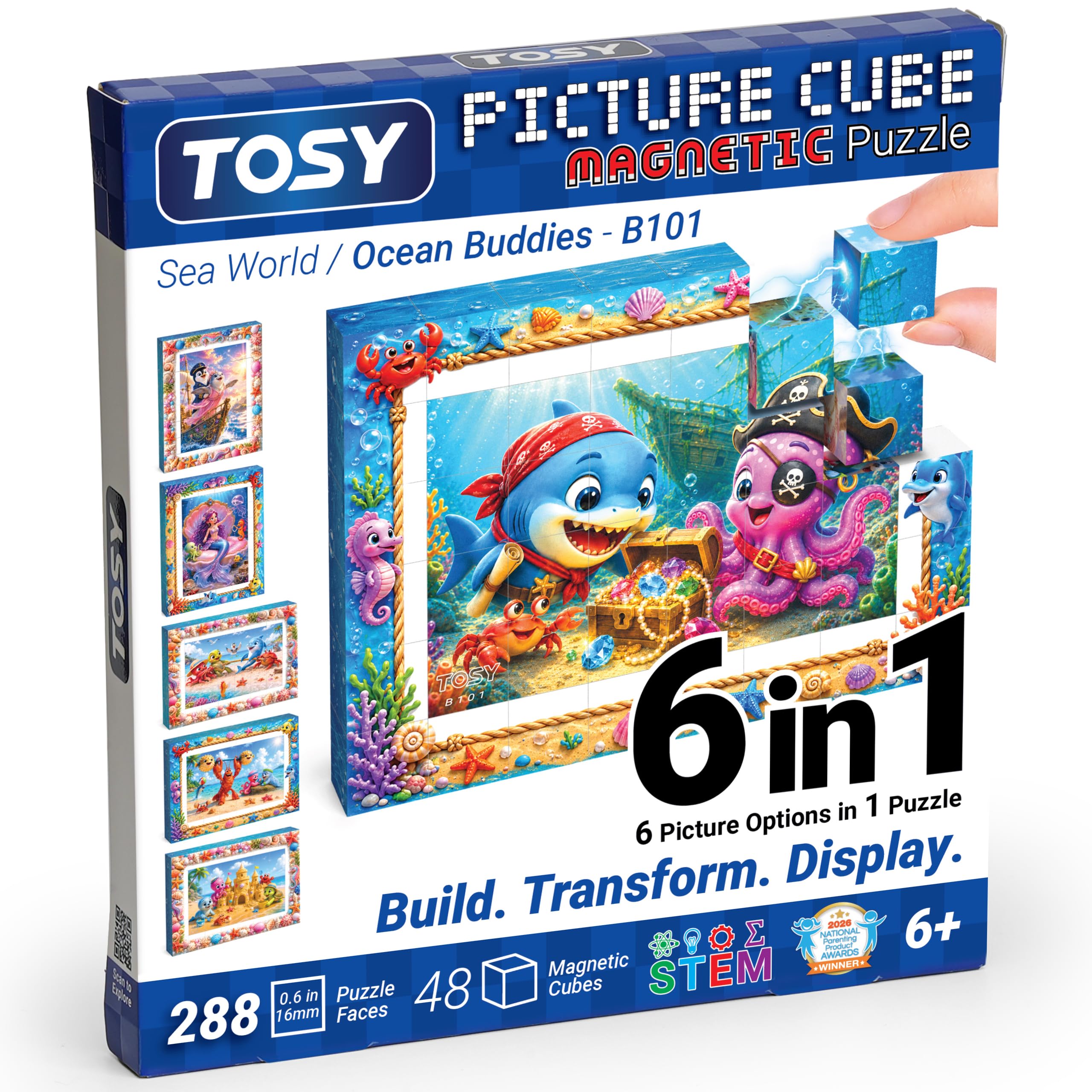 TOSY Picture Cube Ocean Buddies: 6-in-1 Magnetic Picture Puzzle, 48 Blocks, 288 Puzzle Faces, 0.6 in, B101, Seamless UV Art, Display-Ready Frame, Collectible, STEM/STEAM Gift for Kids & Adults