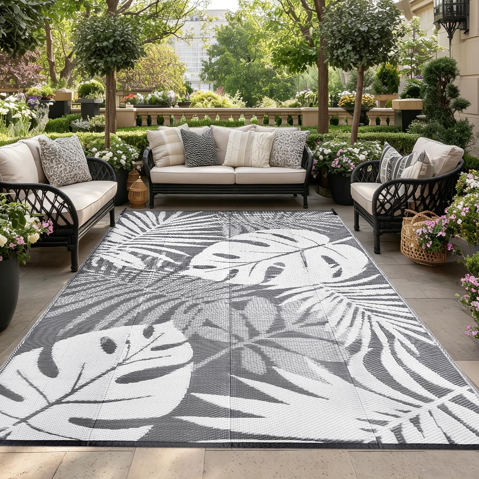Luoven Outdoor Rug for Patios Waterproof, Reversible Garden Rugs, UV Resistant Plastic Straw Carpet for Camping, RV, Balcony, Beach, Deck(120 x 180 cm, Grey & White) — image 1