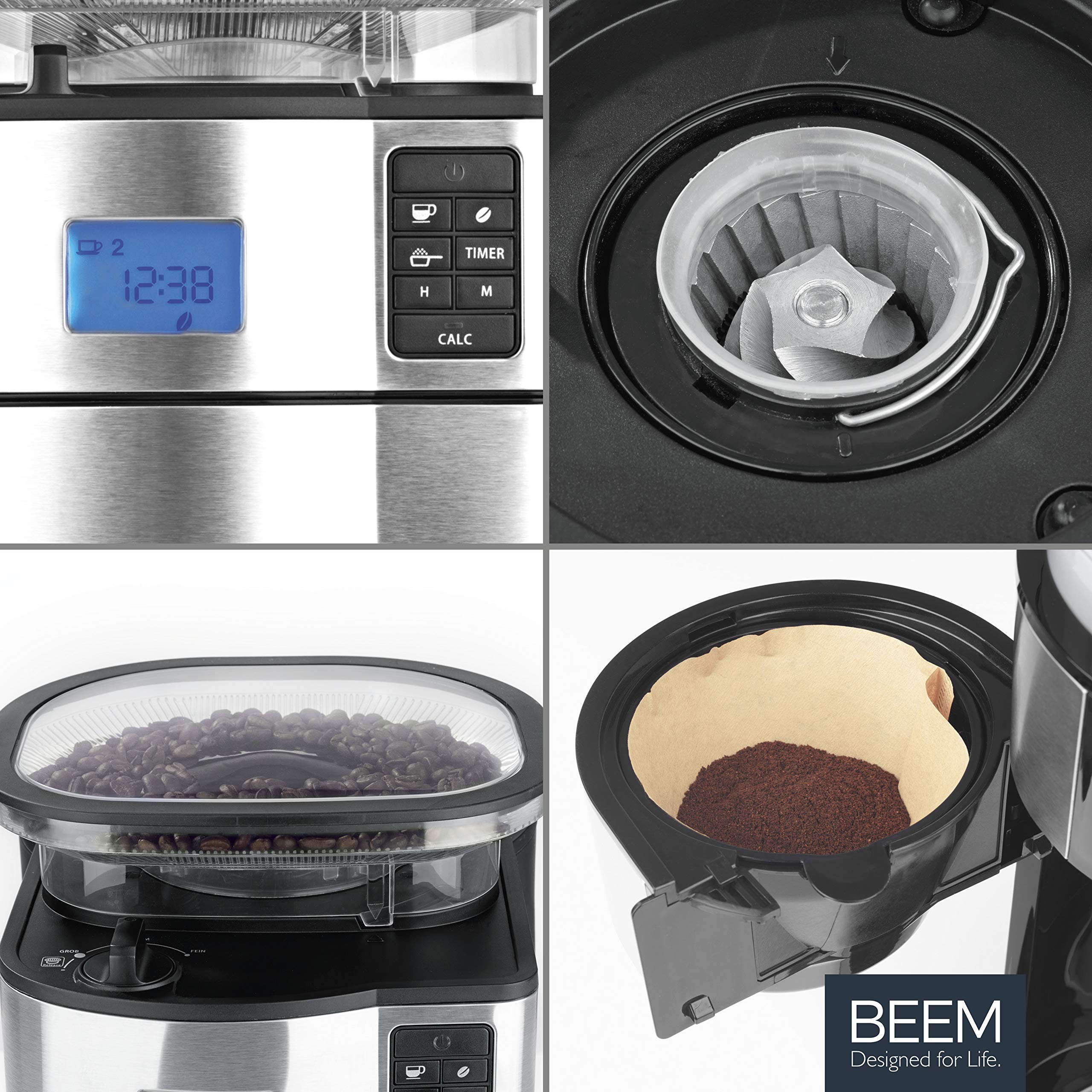 Caffettiera filtrante BEEM FRESH-AROMA-PERFECT II con macinacaffè - Thermo | in acciaio inox | caraffa termica | 24h-timer | 1000 W | contenitore per caffè in grani da 180 g