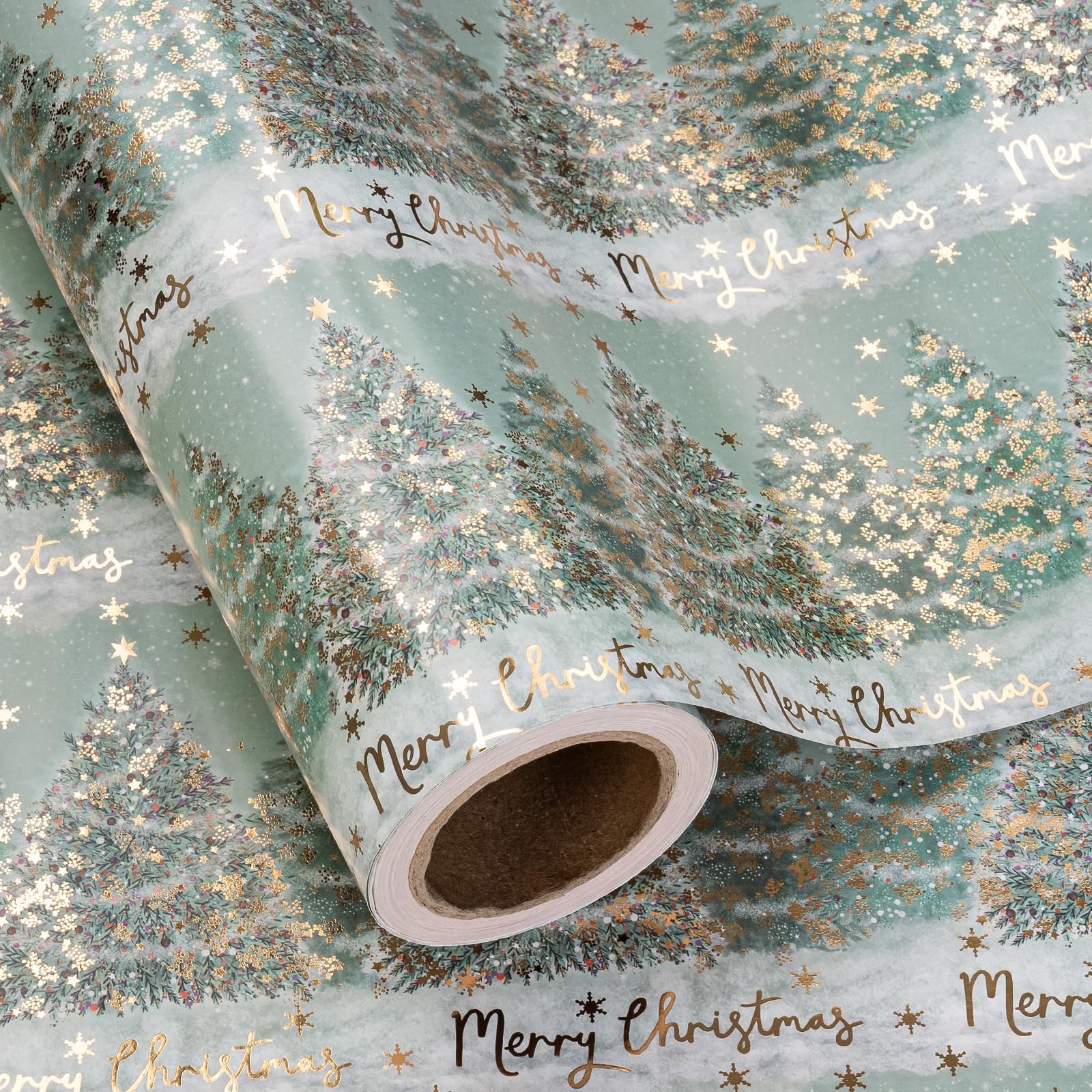 RUSPEPA Christmas Tree Wrapping Paper - Mini Roll - 43.2cm x 5m - Glitter Merry Christmas Watercolor Snowy Pine Tree Wrapping Paper for Xmas, Winter Season, Party Celebration โ image 1