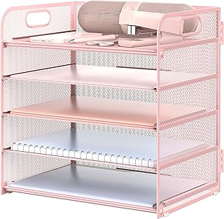 Sinboun Letter Tray Paper Organizer 5-Tier Desk Organizer File Organizer Paper Holder with Handle, Metal Desktop Document Shelf Tray Office Classroom Organization - Pink, PK5CENGTISHOU
