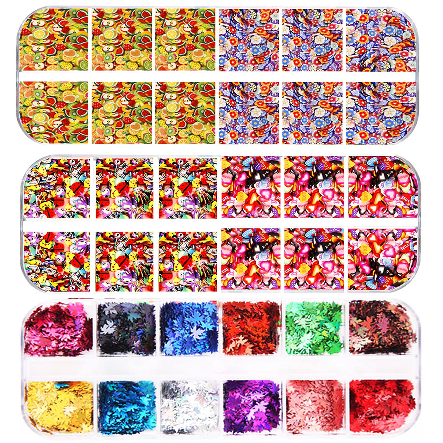 36 Pack Fruit Slices Nail Art 3D Mini Fimo Clay Slices for Slime Polymer Clay, Maple Glitters Flakes,Resin Supplies Cellphone Lip Gloss Decoration with Cartoon Animals Flowers Heart Fruit DIY Crafts