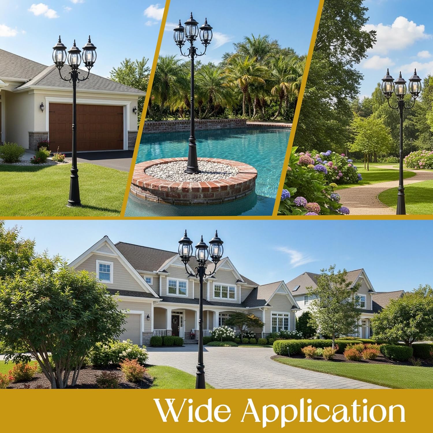 94 Inch 3-Light Post Lantern For Patio Lawn Pathway Triple-Head Post Light For Front Yard Outdoor Street Light 94” Exterior Pole Lights,Aluminium Alloy,Clear Glass Shade,E26(Bulbs Not Included)