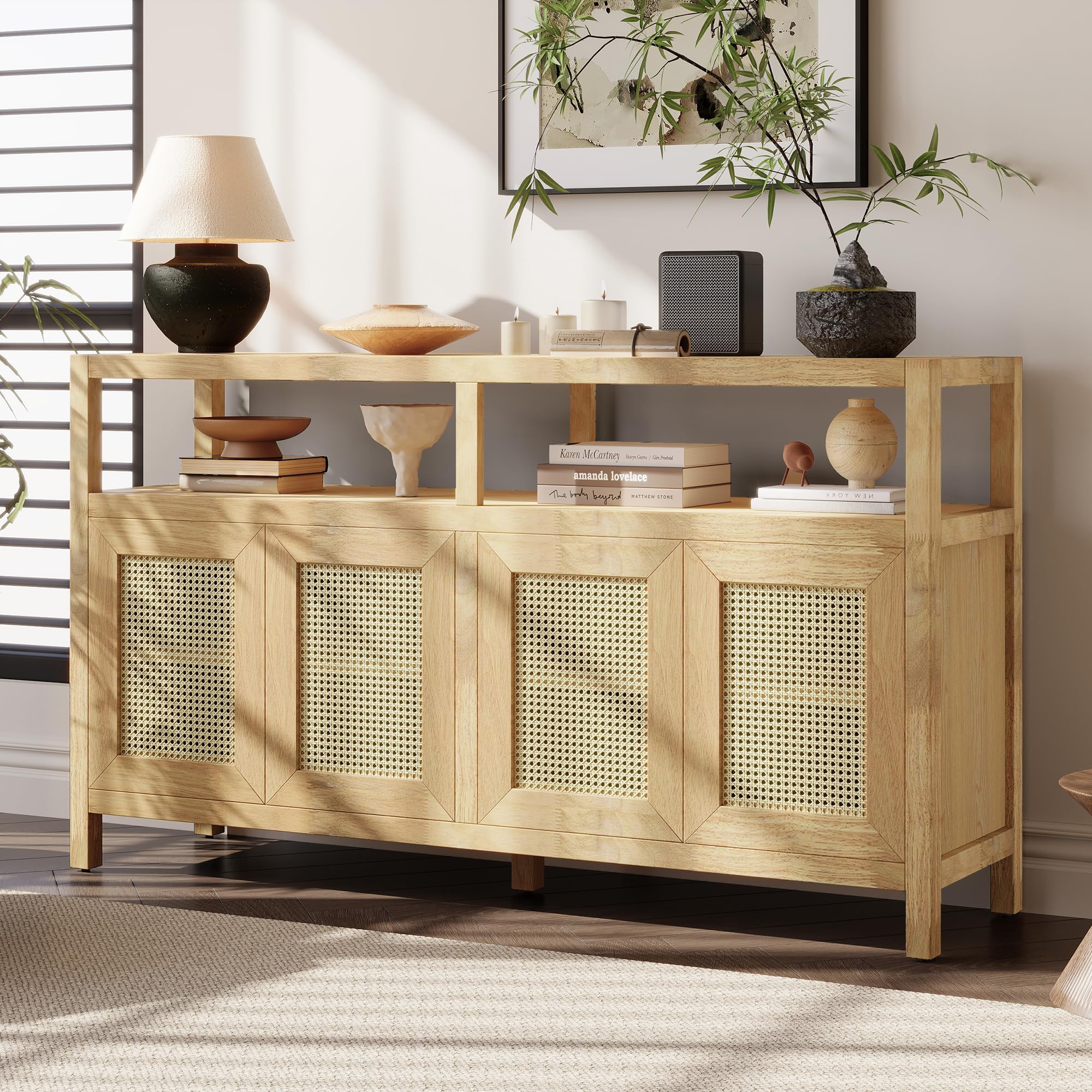 Ball &amp; Cast 60" Rattan Buffet Sideboard Cabinet with Storage, Modern Boho Coffee Bar w/Push-to-Open Doors &amp; Adjustable Shelves, Wood Console Cabinet for Kitchen,Livingroom &amp; Dining Room, Natural