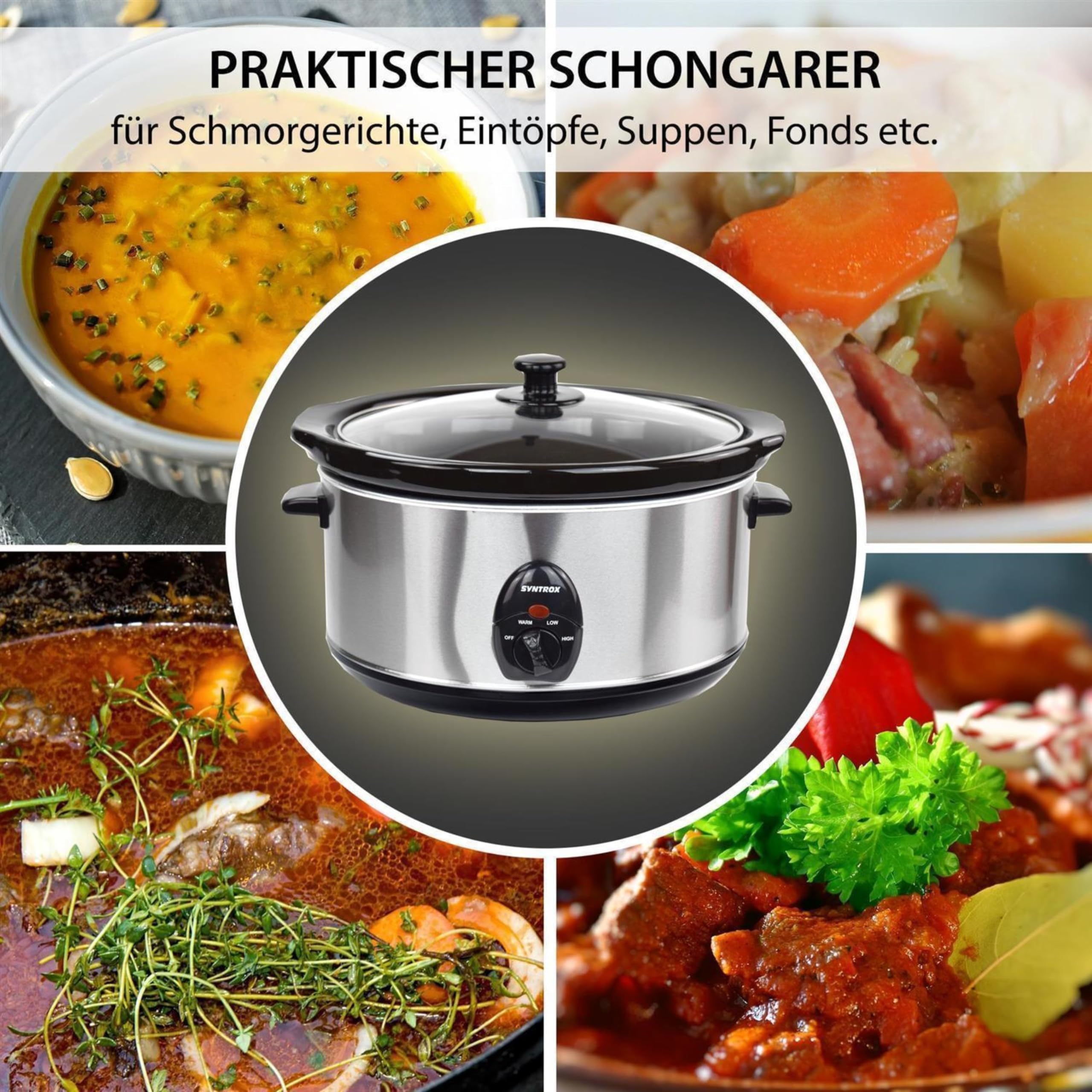 Syntrox Germany 4,5 l Slow Cooker | Schmortopf | Schongarer | Multikocher Delixas, Keramik Servierschüssel, Geschirrspüler geeignet, Mikrowellengeeignet, rutschsichere Standfüße