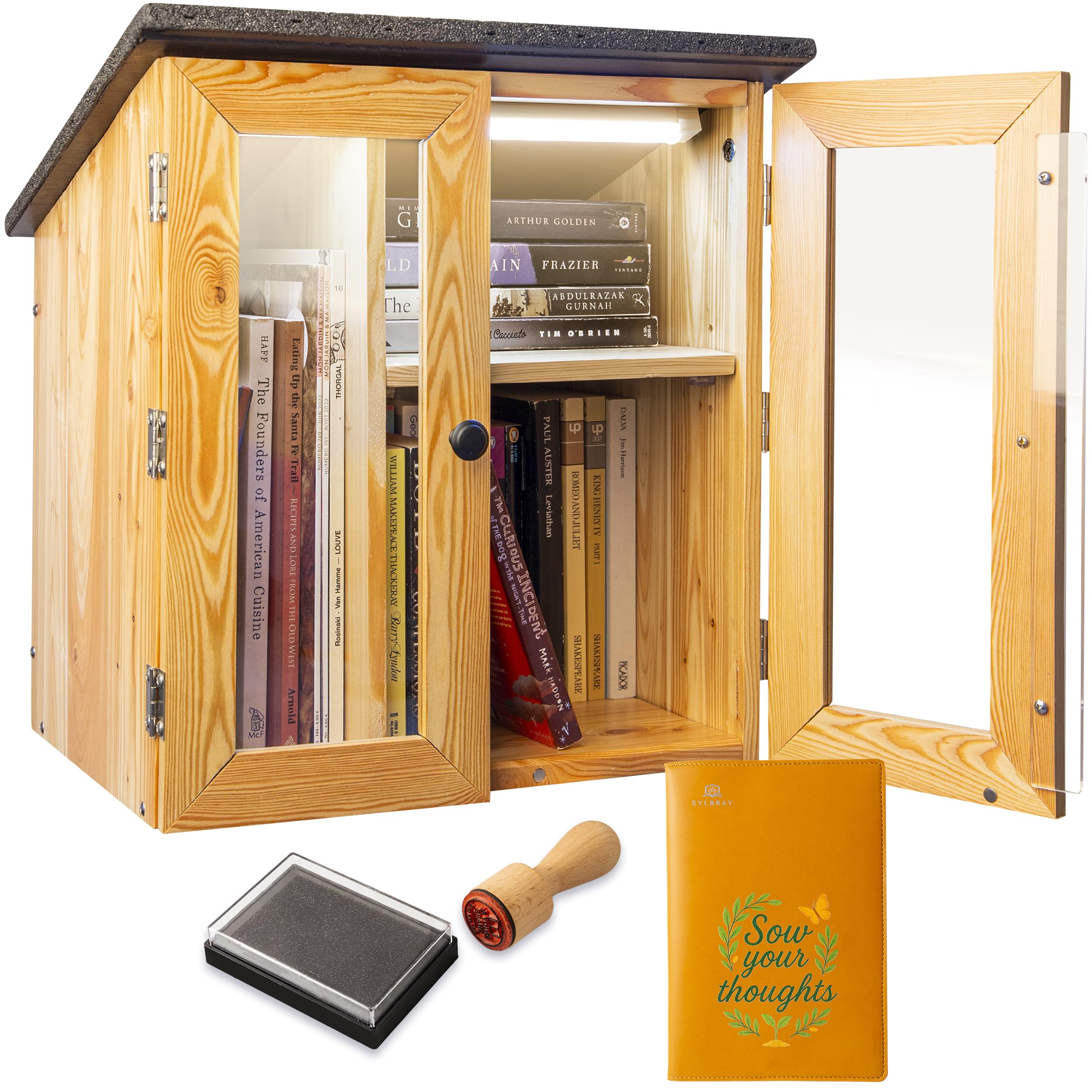 Sylbray Little Library Box Outdoor with LED Lights & Accessories, Waterproof Free Outdoor Library Box, Solid European Larch Wood, Community Library