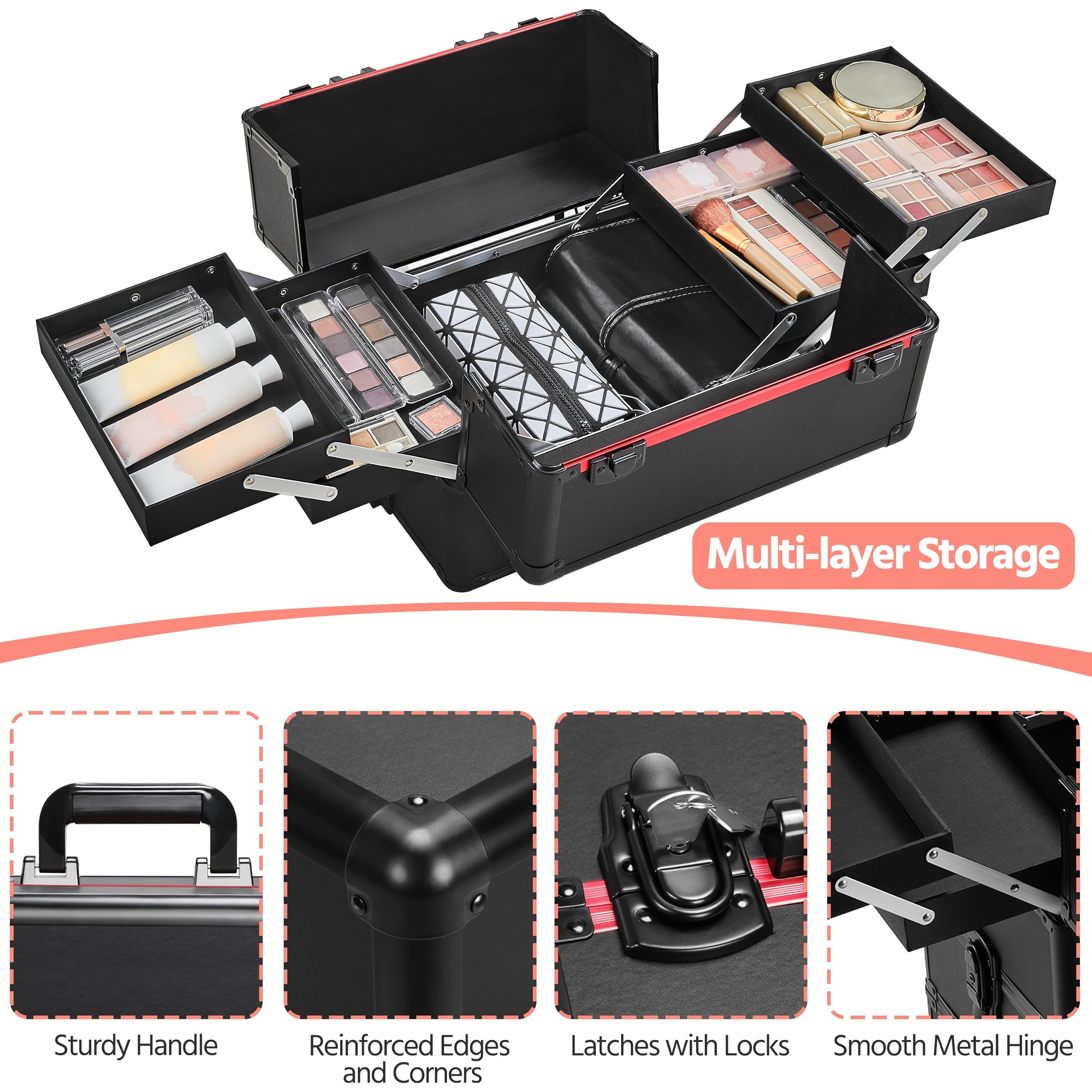 Yaheetech Alu Make-up Koffer Trolley 4-in-1 Kosmetikkoffer Beauty Case Transportkoffer 34 x 25,5 x 80,5 cm