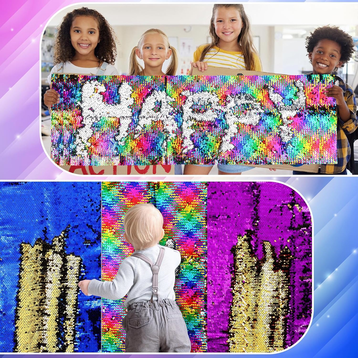 Irenare 3 Pcs Sensory Wall Sequin Flip Fabric for Kids 40 x 13 Inch Sensory Graffiti Reversible Sequin Fabric with 36 Pcs Hook and Loop Strips with Adhesive(Purple, Royal Blue, Colorful,3)
