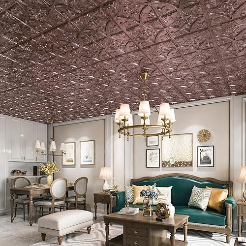 Miniatura 2 de Art3d Azulejos de techo de 2 x 2 pulgadas, panel de techo con pegamento, estilo clásico elegante, cobre antiguo