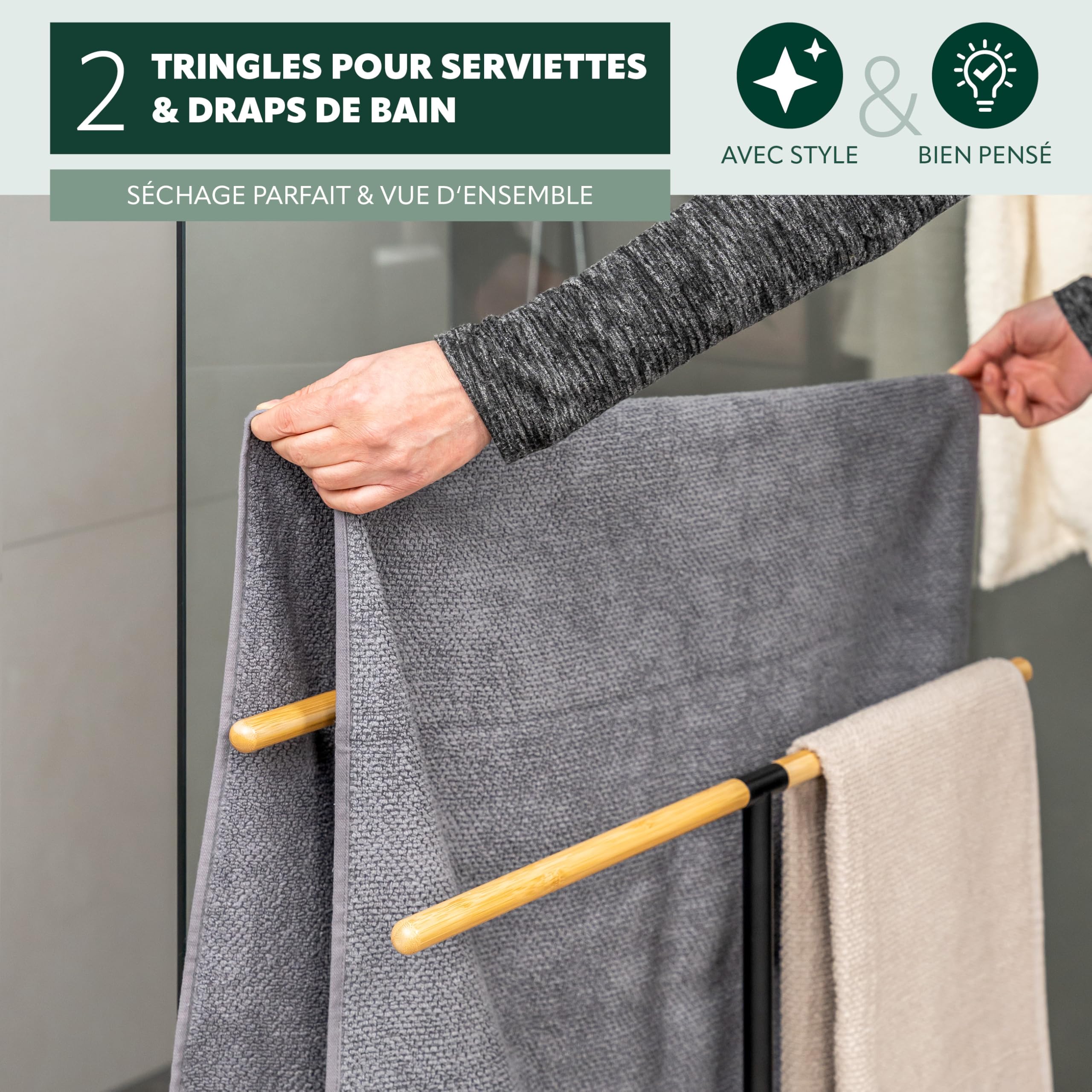 eluno Porte-Serviettes sur Pied à 2 Barres en Bambou/métal (Noir)