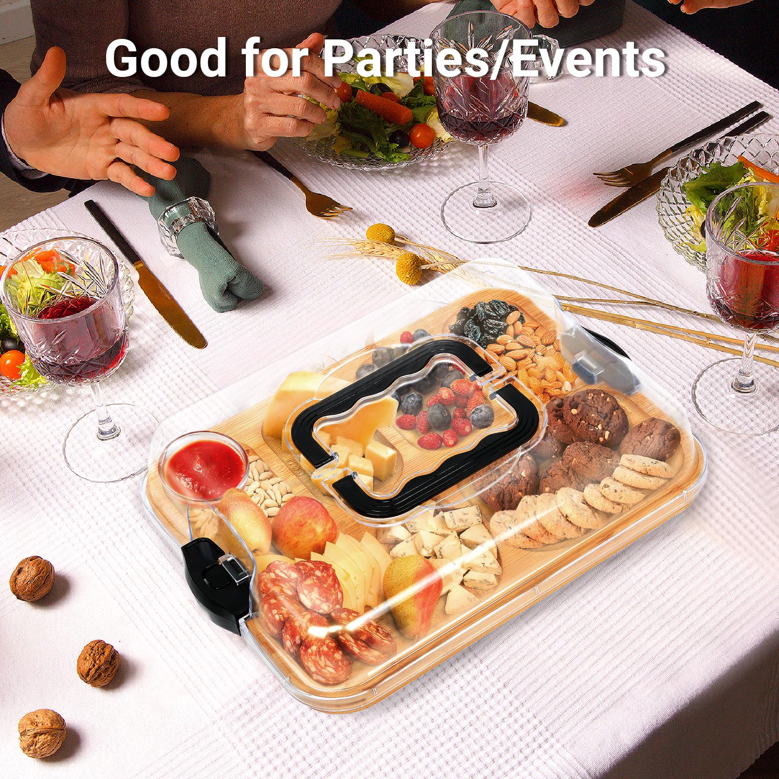 Planche à charcuterie en bambou avec couvercle et poignée, 6 compartiments, plateau à fromage avec couvercle verrouillable, cadeaux pour couples, mariage, fiançailles, pendaison de crémaillère,