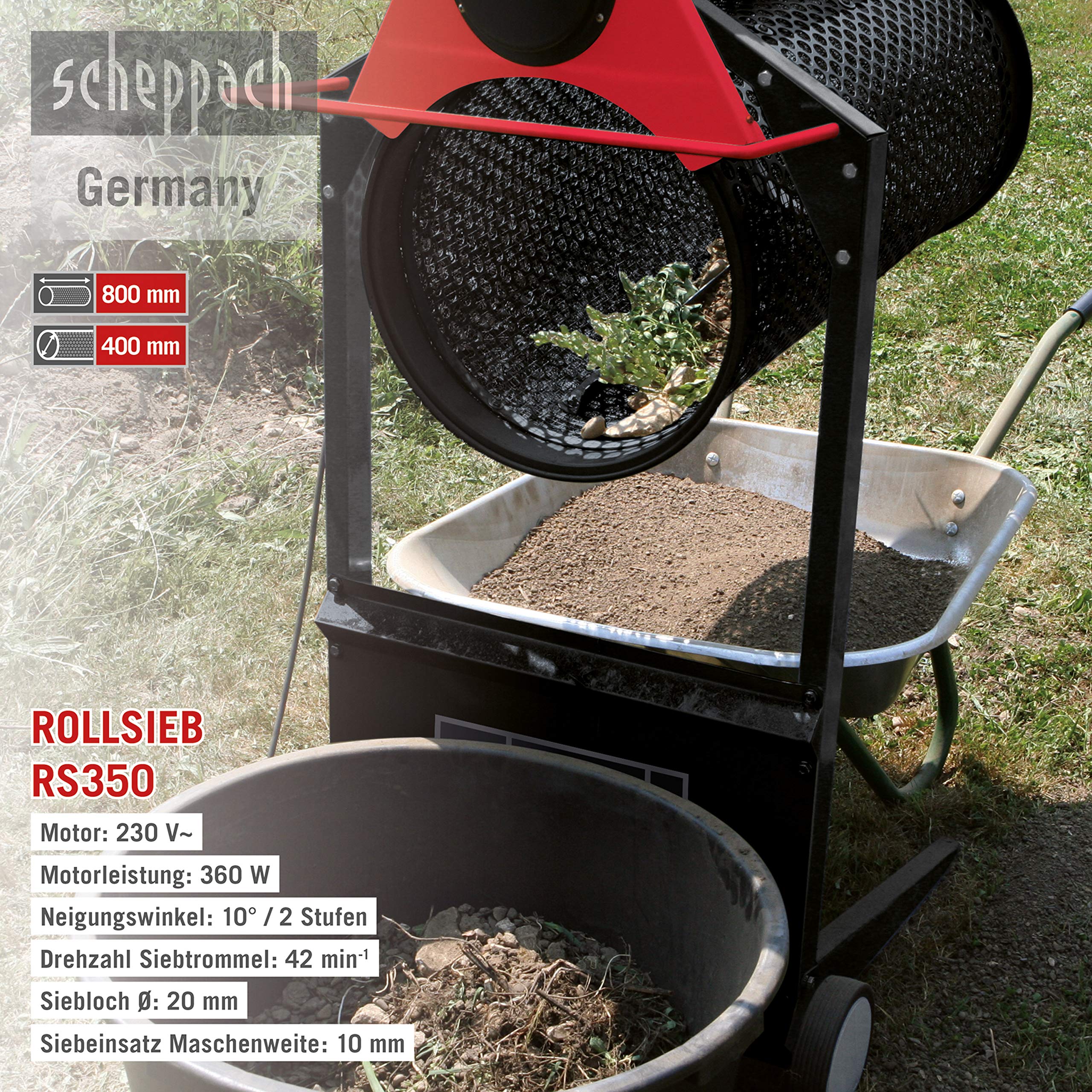Scheppach Rollsieb RS350 (250 Watt, Siebtrommel-Länge: 800mm -Ø: 400mm, Drehzahl: 42 min-1, Materialdurchsatz: 3m³/h, neigbare Trommel)