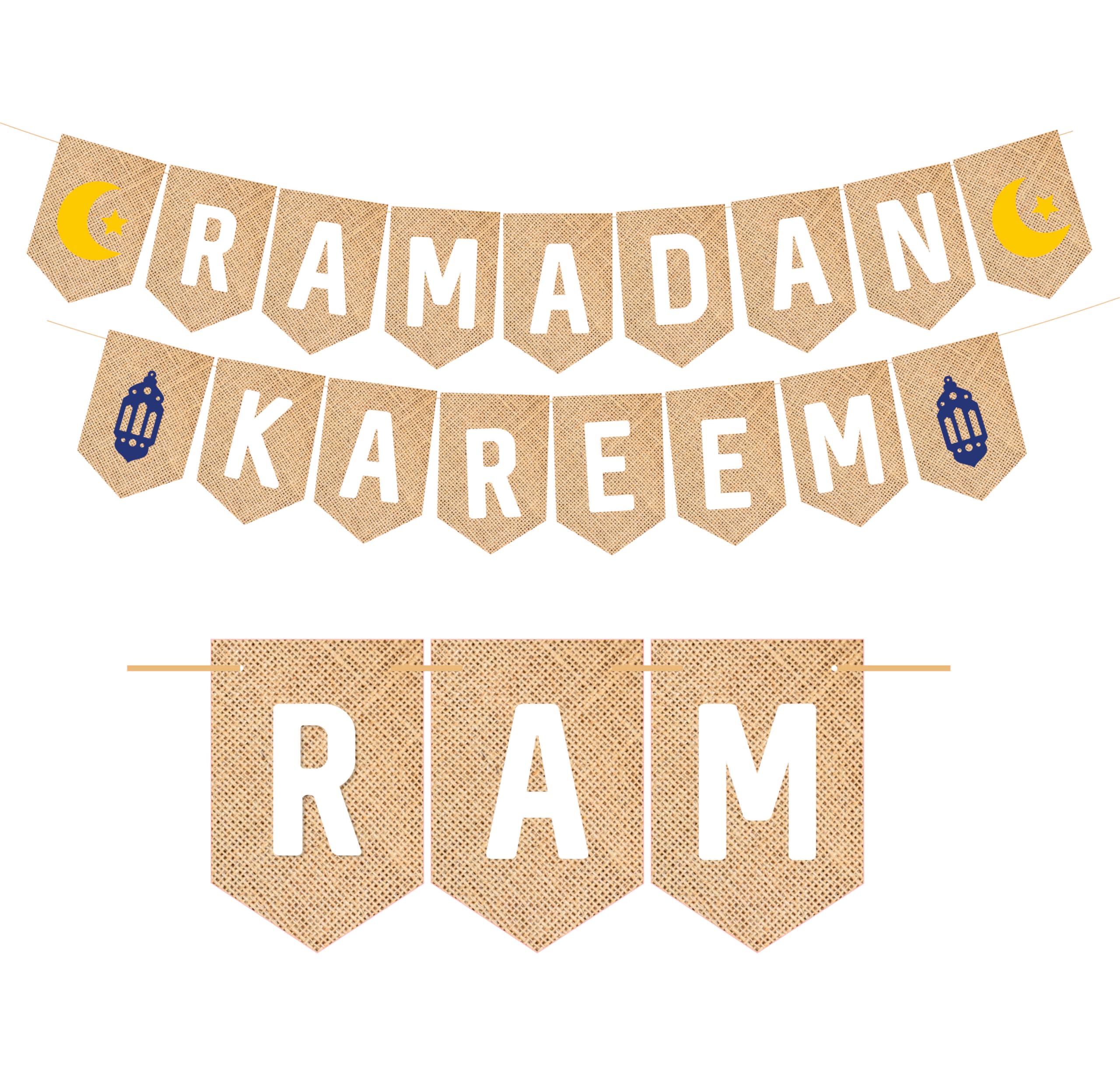 SVM CRAFT® Ramadan Kareem Banner, EId mubarak banner, Jute Burlap Ramadan Mubarak Banner with Moon and Star,Ramadan Mubarak Banner, Eid Festival Muslim Islam Party Decoration