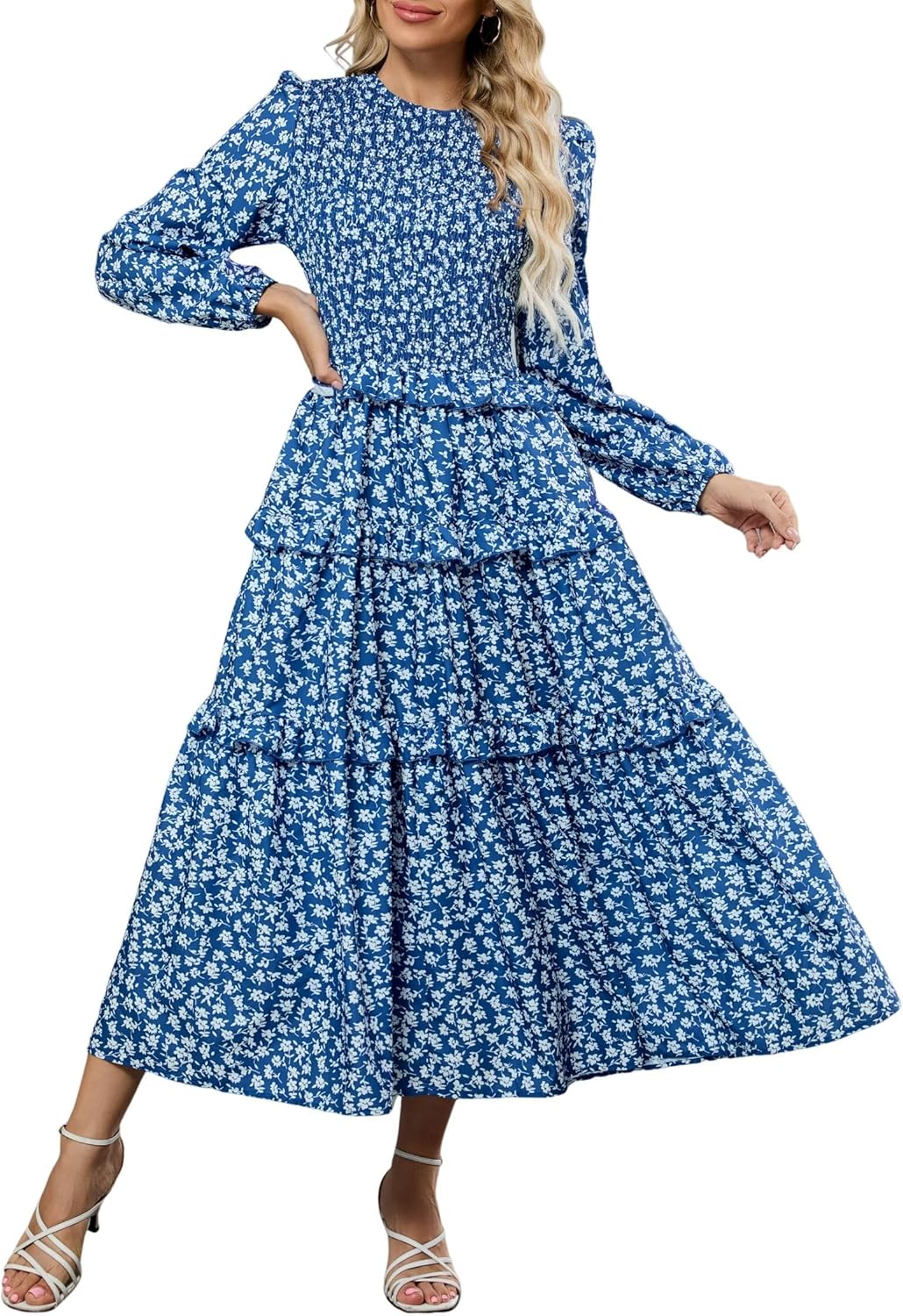 ZAFUL Womens Fall Floral Smocked Maxi Dress Long Puff Sleeve Bohemian Dresses Flowy Tiered Ruffle Wedding Guest Dress