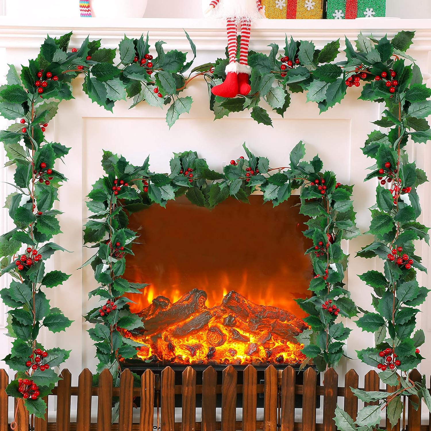 3 Pieces Christmas Garland Red Berry Green Garland 5.7 ft Artificial Christmas Red Berry Flower Vine Winter Holly Leaves Outdoor for Fireplace Home Decor(Green)