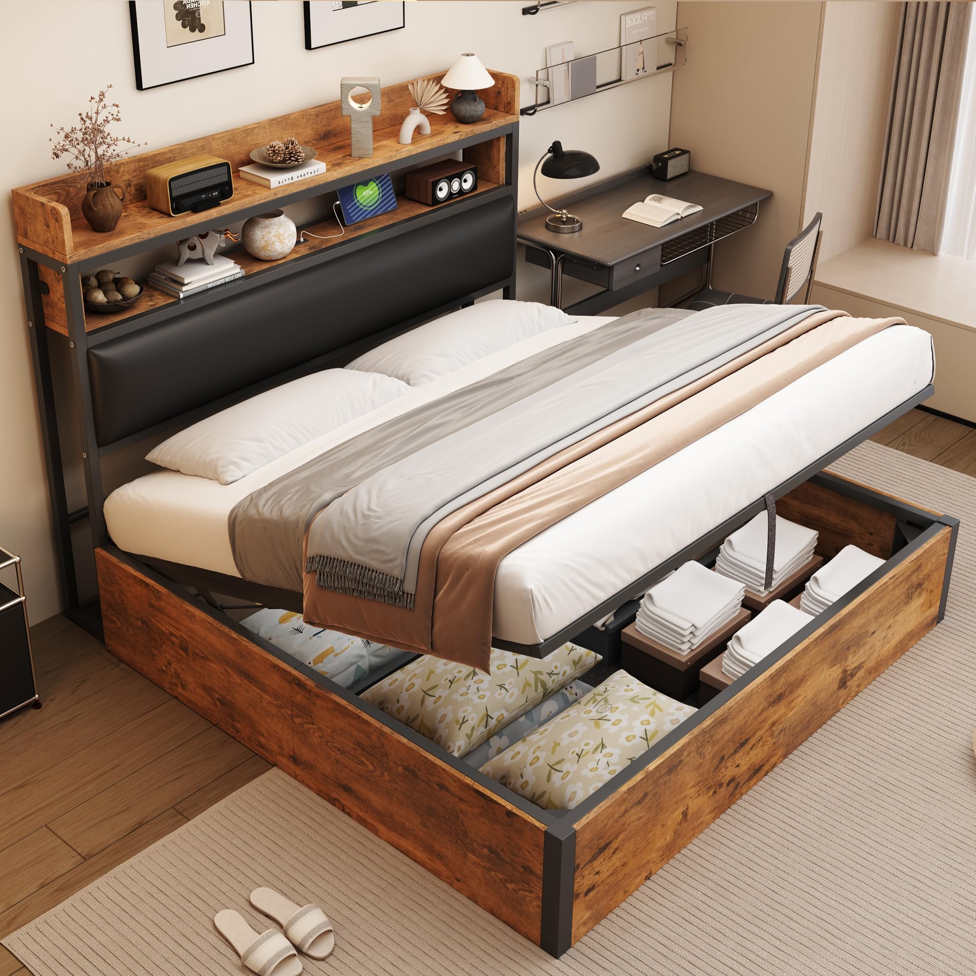 LAKFEW Cama 180x200 cm Cama Matrimonio con USB y Cabecera de Almacenaje, Camas Matrimoniales con Almacenamiento Hidráulico, Cama Doble, Negro, Sin Colchon