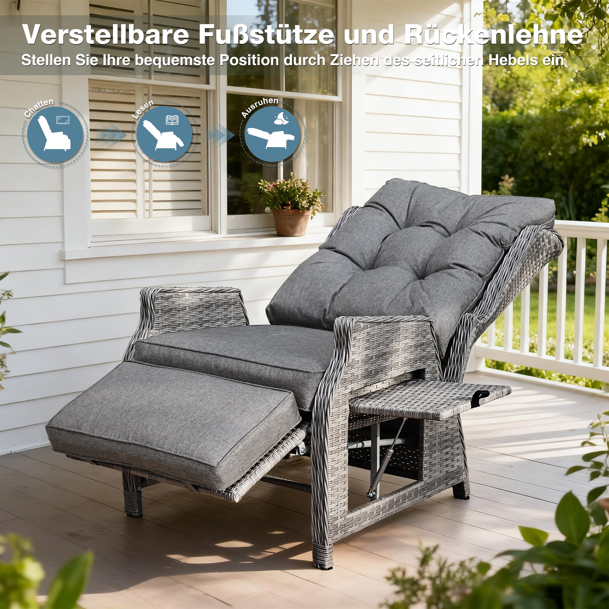 COMLAX FIELD Gartensessel mit Liegefunktion Wetterfest, Relaxsessel Verstellbar, Relaxliege für Innen, Gartenliege und Loungesessel aus Rattan, Dunkelgrau