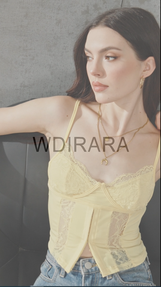 WDIRARA Women's Sexy Lace Low Cut Cami Crop Top Sexy Y2k V Neck