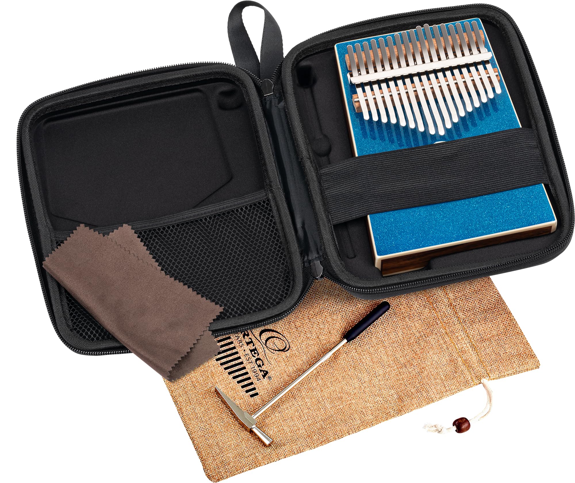 Ortega Guitars Kalimba C Major Acoustic - Serie Percussion - Piano de pulgar con 17 teclas - Incluye accesorios - Acacia, azul (OKB4-MBL)