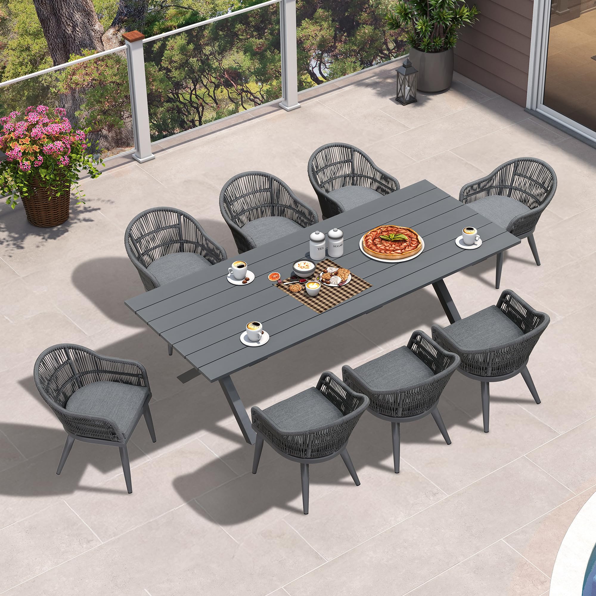 PURPLE LEAF 9 Pieces Patio Dining Set with Longer Aluminum Table, Grey