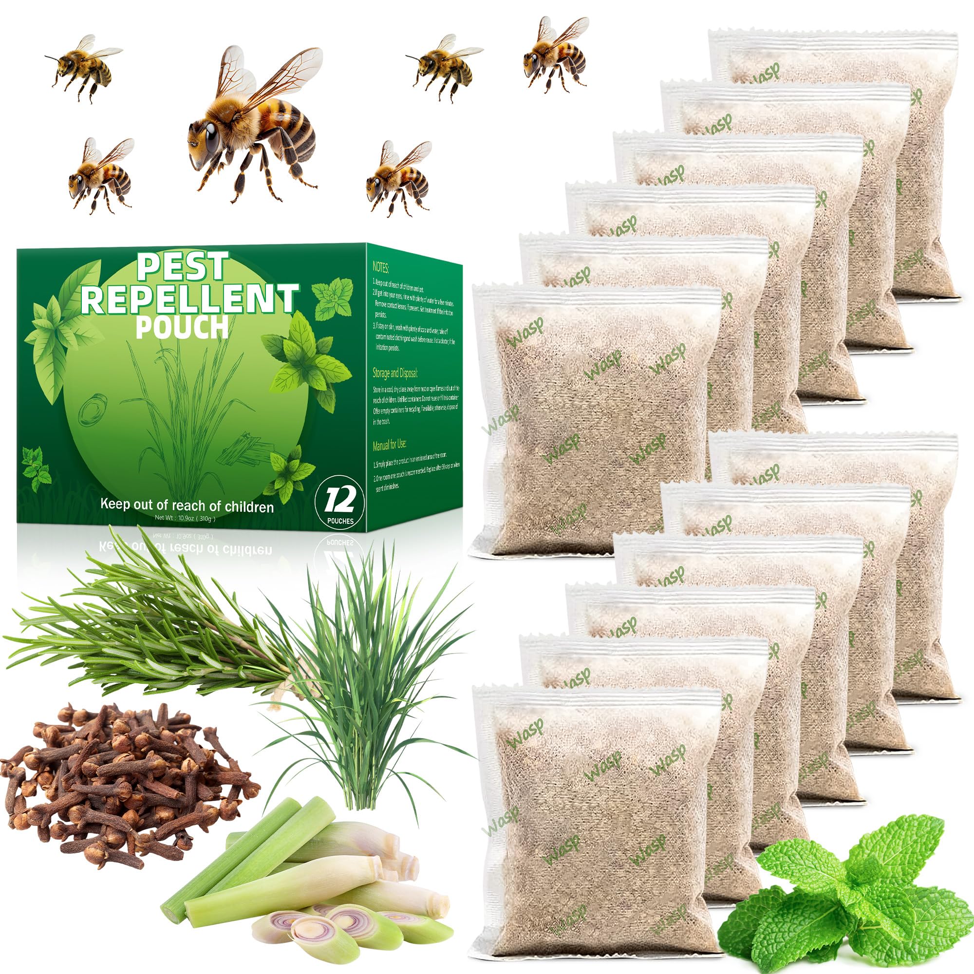 Photo 1 of 12 Pack Natural Wasp and Bee Repellent Pouches Outdoor, Peppermint Oil Carpenter Bee Repellent for Yellow Jackets, Hornets, Mud Wasp Deterrent for Indoor Outdoor Patio Garden Porch, Pet and Human Safe