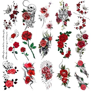 15 Sheets Red Rose Skull Tiger Snake Temporary Tattoos for Adults