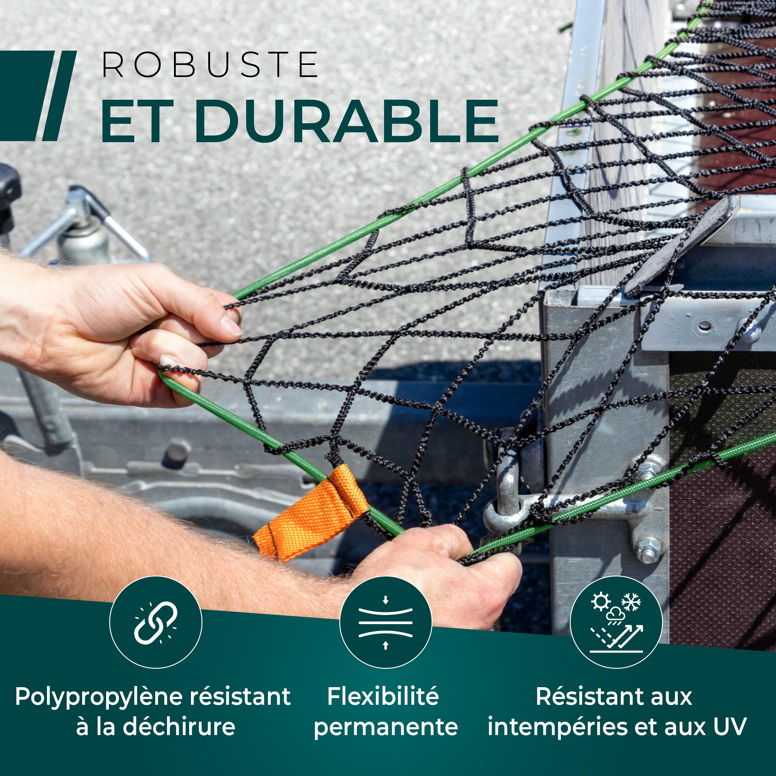 CargoVA - Filet Extensible pour remorque 1x2 jusqu'à 2x3M - Filet élastique Noir avec Corde élastique, 8 Crochets et marquage des Coins - pour Une Fixation Parfaite de la Charge