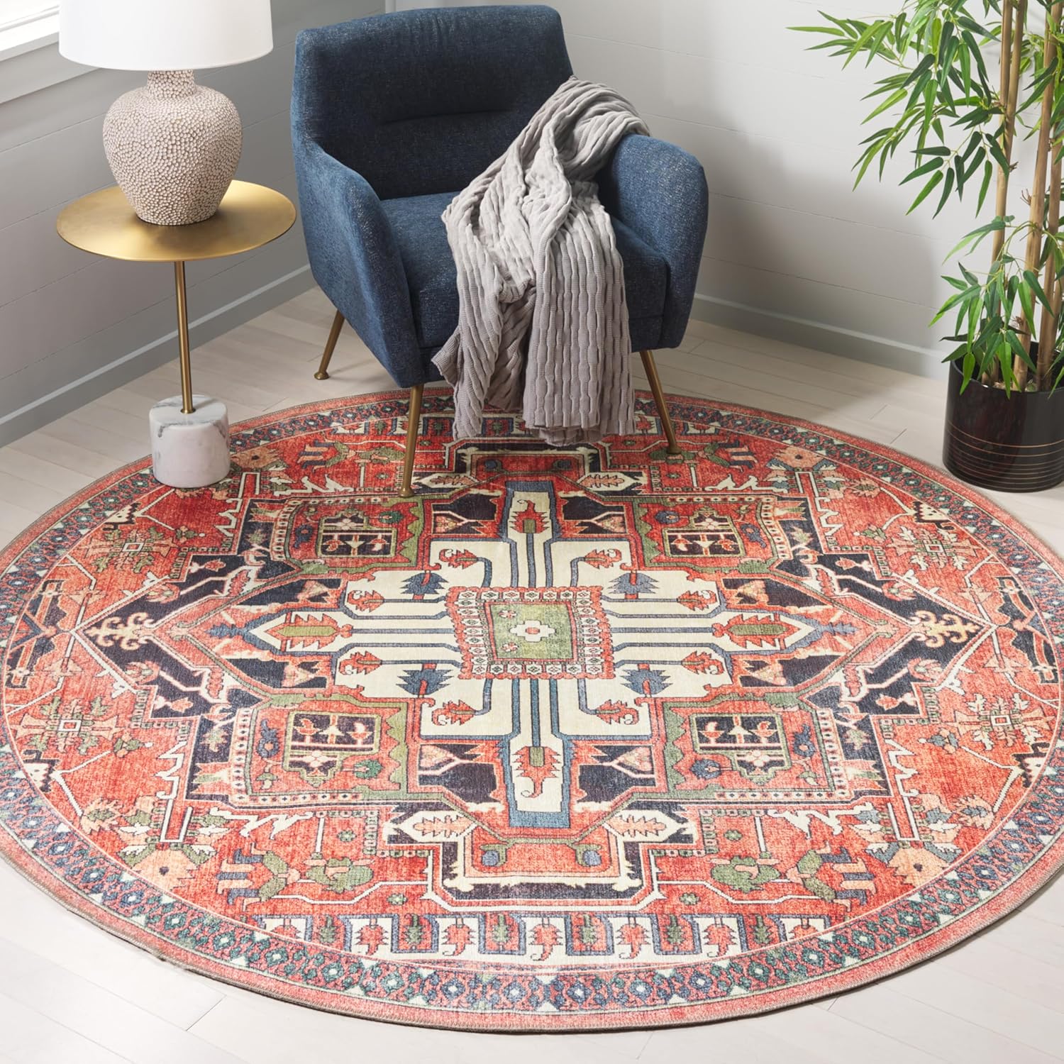 SAFAVIEH Washable Rug Serapi Collection - 6'7" Round, Rust & Navy, Slip Resistant & Easy to Clean, Ideal for Living Room, Bedroom, Dining Space (SEP812P)