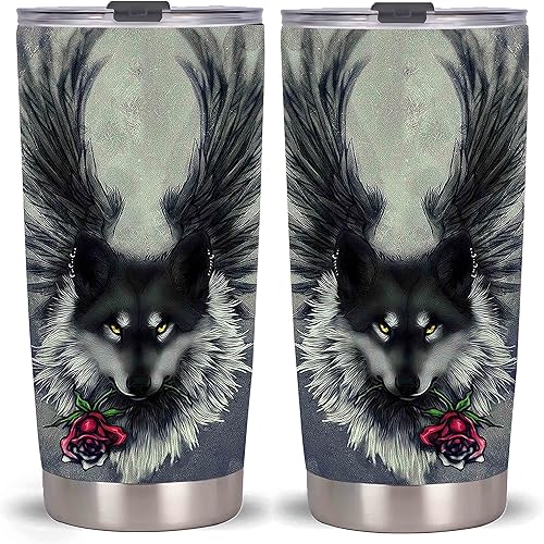 Vaso de viaje de acero inoxidable con tapa y pajita (vaso de lobo rosa) de 20 onzas
