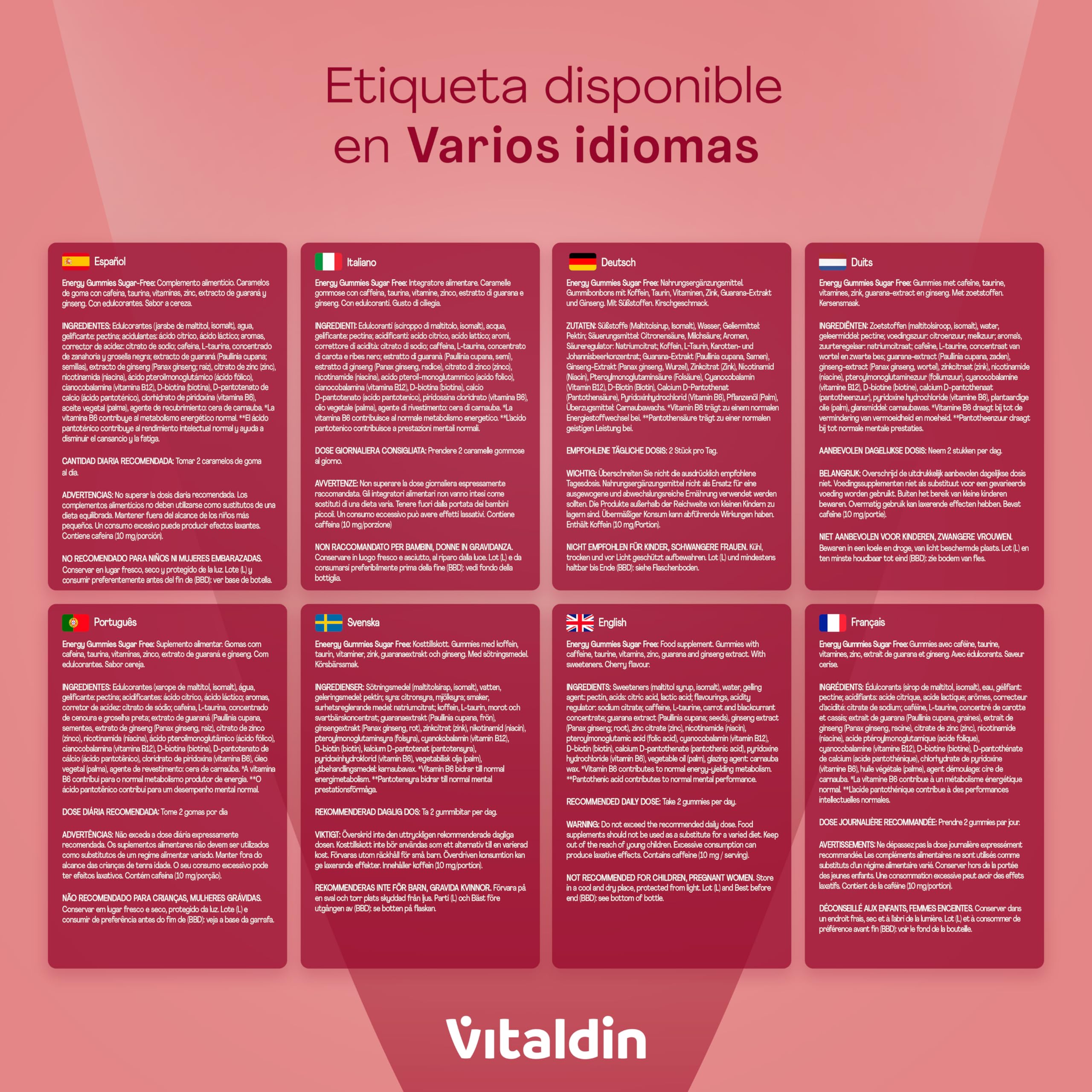 VITALDIN Energy Gummies –Gominolas Energéticas Veganas y Sin Azúcares añadidos–Con Ginseng,Guaraná,Cafeína,Taurina y Vitaminas B–Mejora la Concentración y Reduce la Fatiga–Sabor Cereza–70 gomas