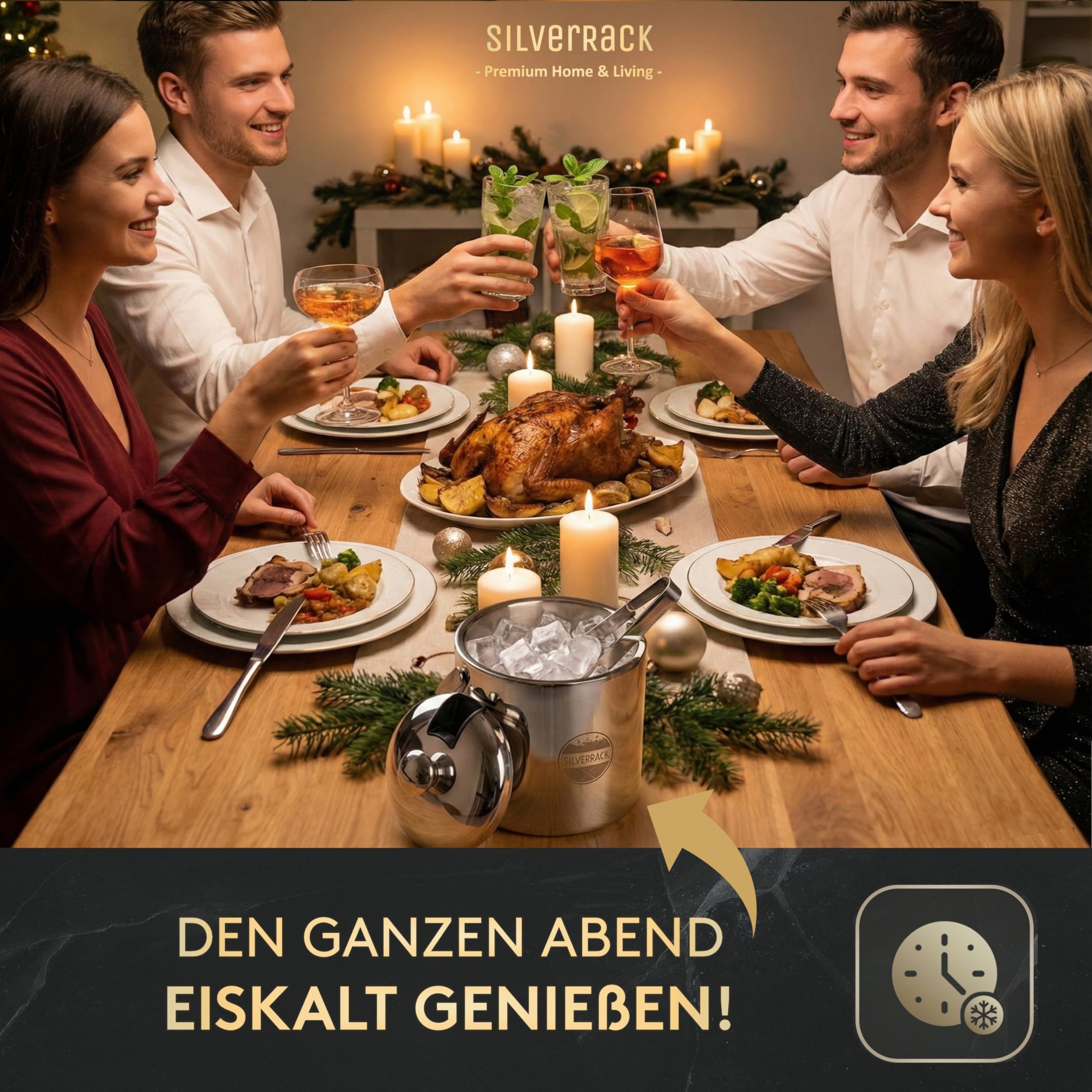 SilverRack Edelstahl Eiswürfelbehälter mit Deckel u. Zange [1,3l] - Eisbehälter für Eiswürfel perfekt für kalte Getränke - Premium Eiskübel als Eiswürfelbehälter Ice Bucket