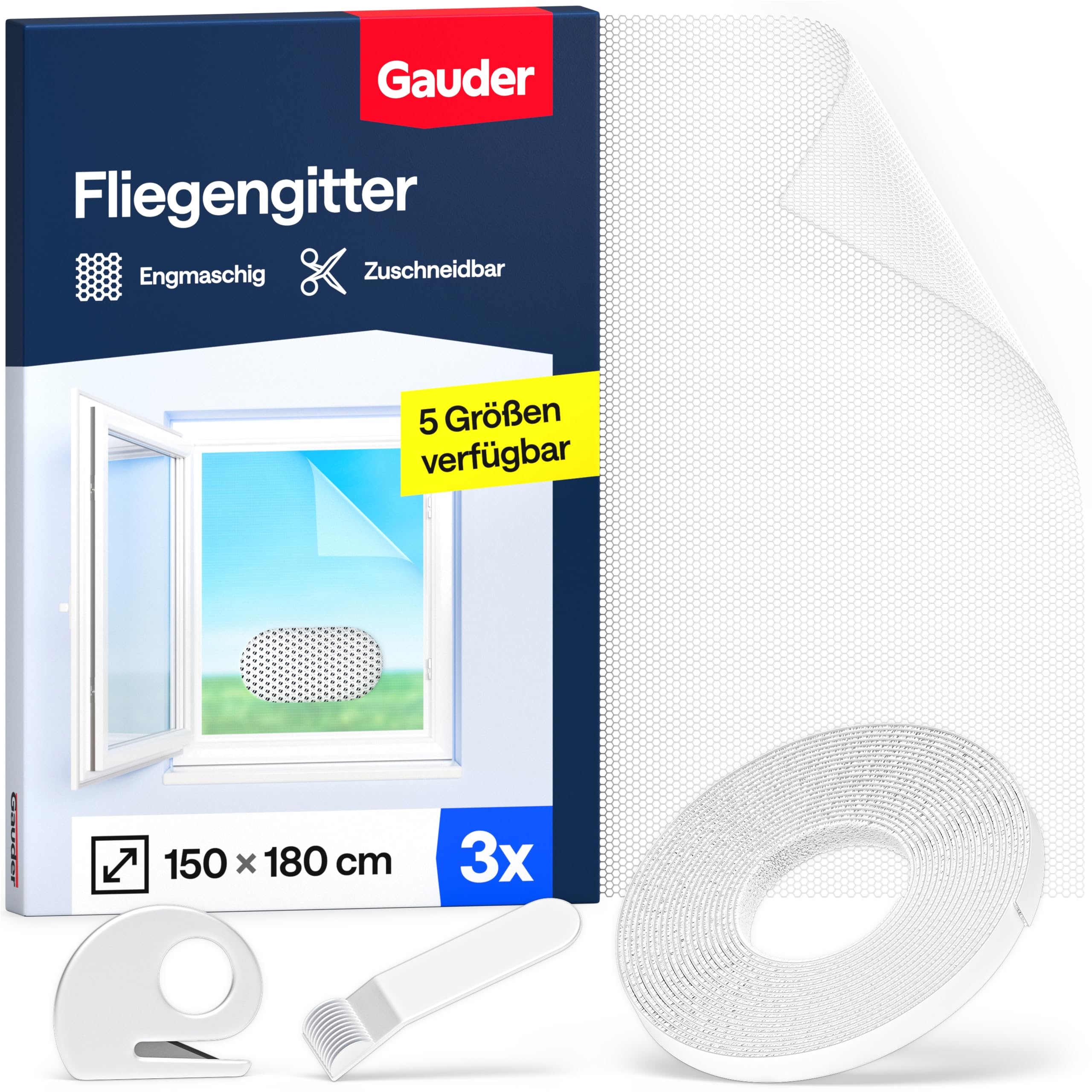 GAUDER Fliegengitter für Fenster - Insektenschutz ohne Bohren - Fliegengitter mit Klettband - Fliegennetz aus Polyester - Mückennetz & Moskitonetz für Fenster (3 Stück - 150 x 180 cm - weiß)