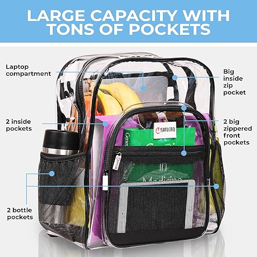 Miniatura 3 de Mochila transparente para el trabajo, la escuela, la mochila resistente tiene bloqueo TSA, cremallera de 2 vías, PVC transparente, aprobada por