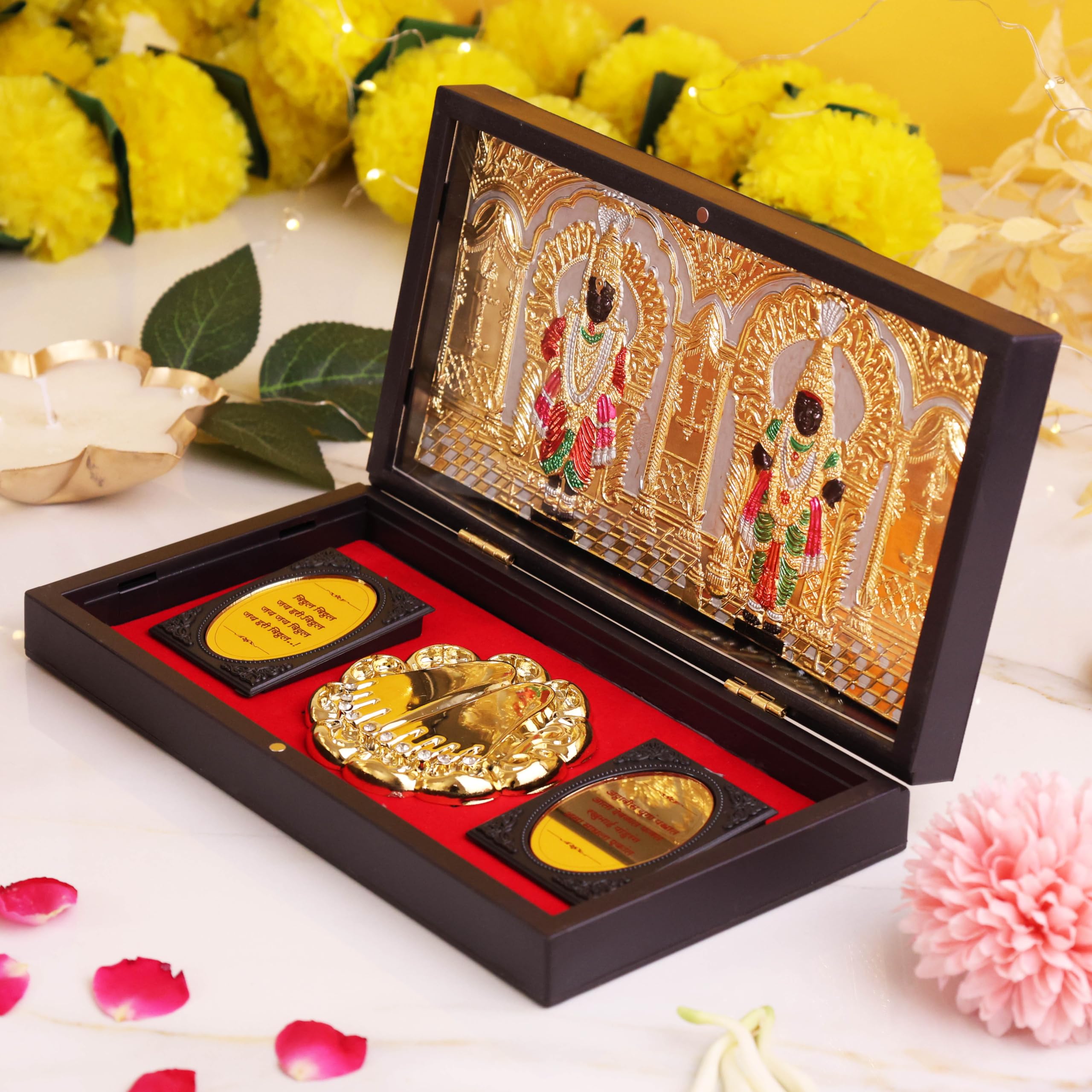 Deluxe Vitthal Rukmini Gold Plated Photo Frame with Charan Paduka Pocket Temple | Puja Box for Home, Office & Car | Diwali Gift, Housewarming Gift, Return Gift | Hindu Spiritual Table Decor | Luxury Devotional Gift Box-image-46