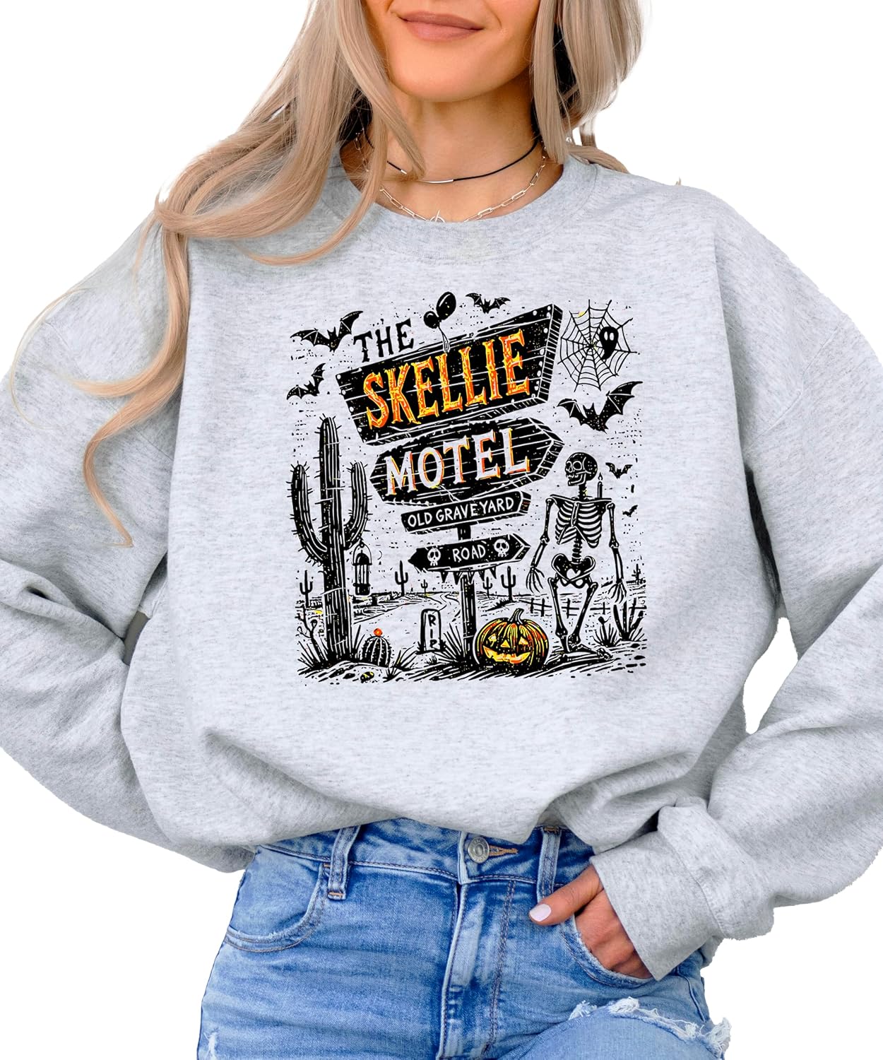 Olive Loves Apple The Skellie Hotel Halloween Sweatshirt for Women, Men and Youth Crewneck