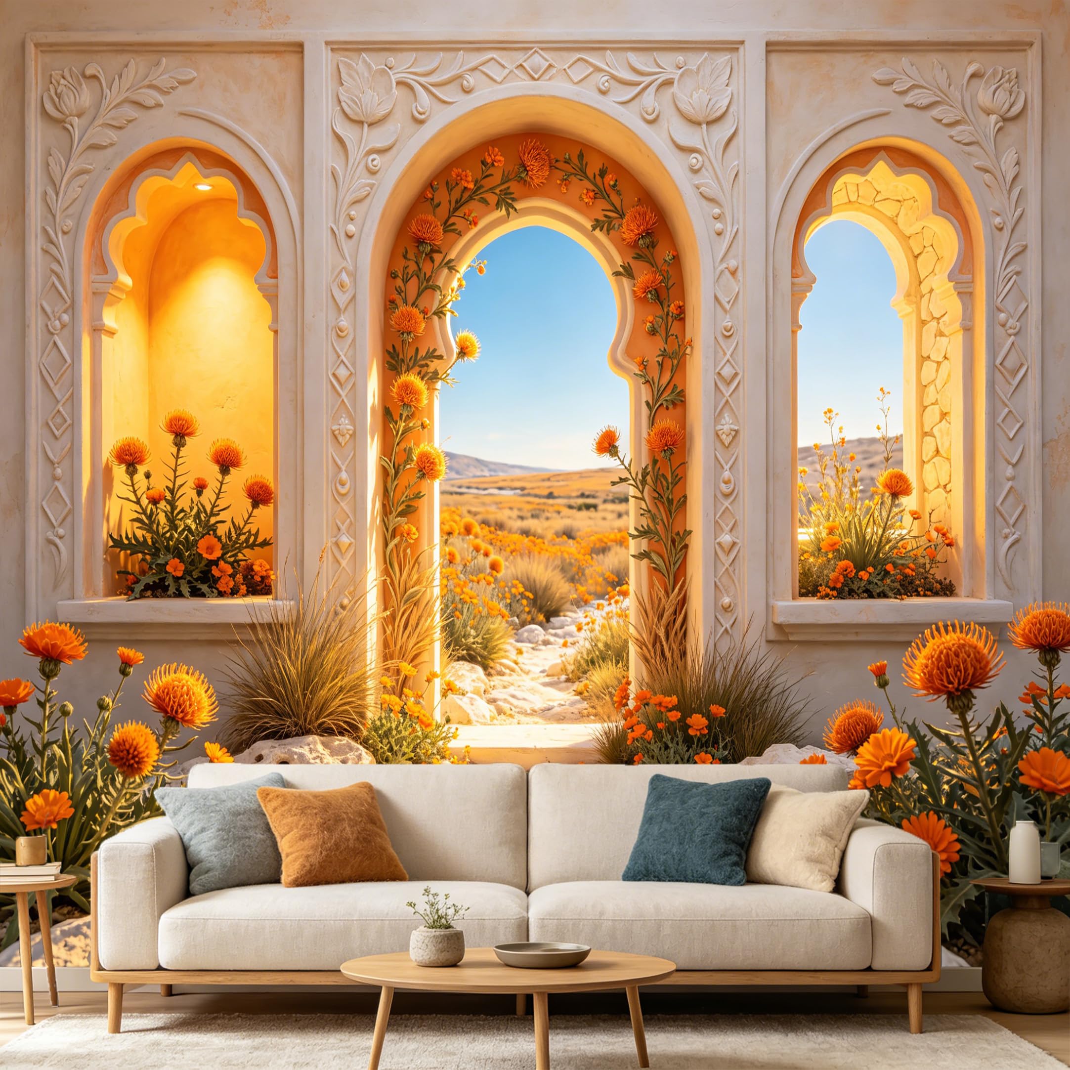 Custom Size Wall Mural， Mediterranean Archway Orange Flowers Desert Landscape 3D Trompe L'Oeil， SelfAdhesive Art Prints wall Fabric Removable Large Wallpaper Home Living Room Decor