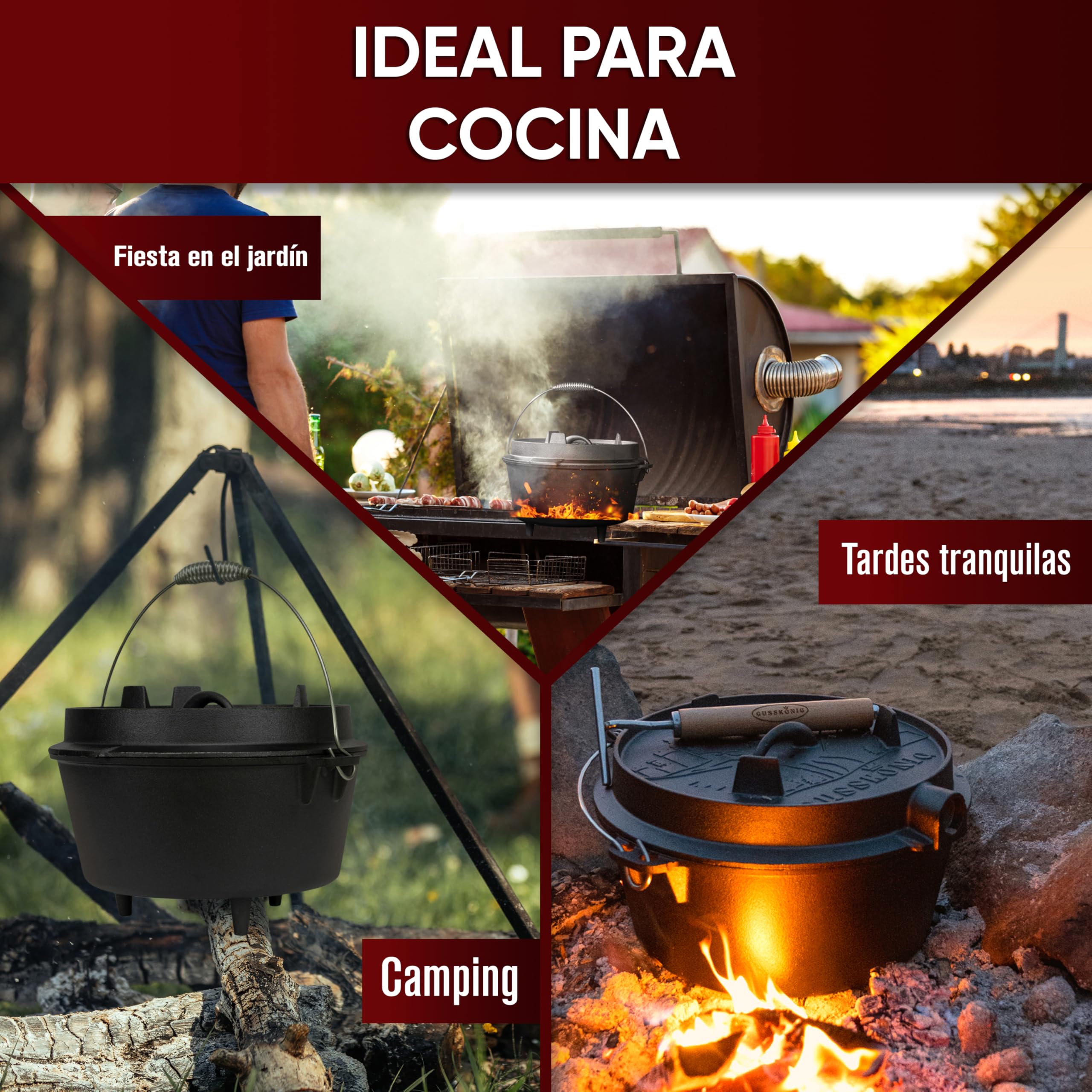 GUSSKÖNIG Olla de Hierro Fundido 9L – Cocotte con Pies para Cocción Lenta – Doble Función: Asado y Guisos – Incluye Levantador de Tapa 2 en 1, Cepillo y Recetario (4-7 Personas)