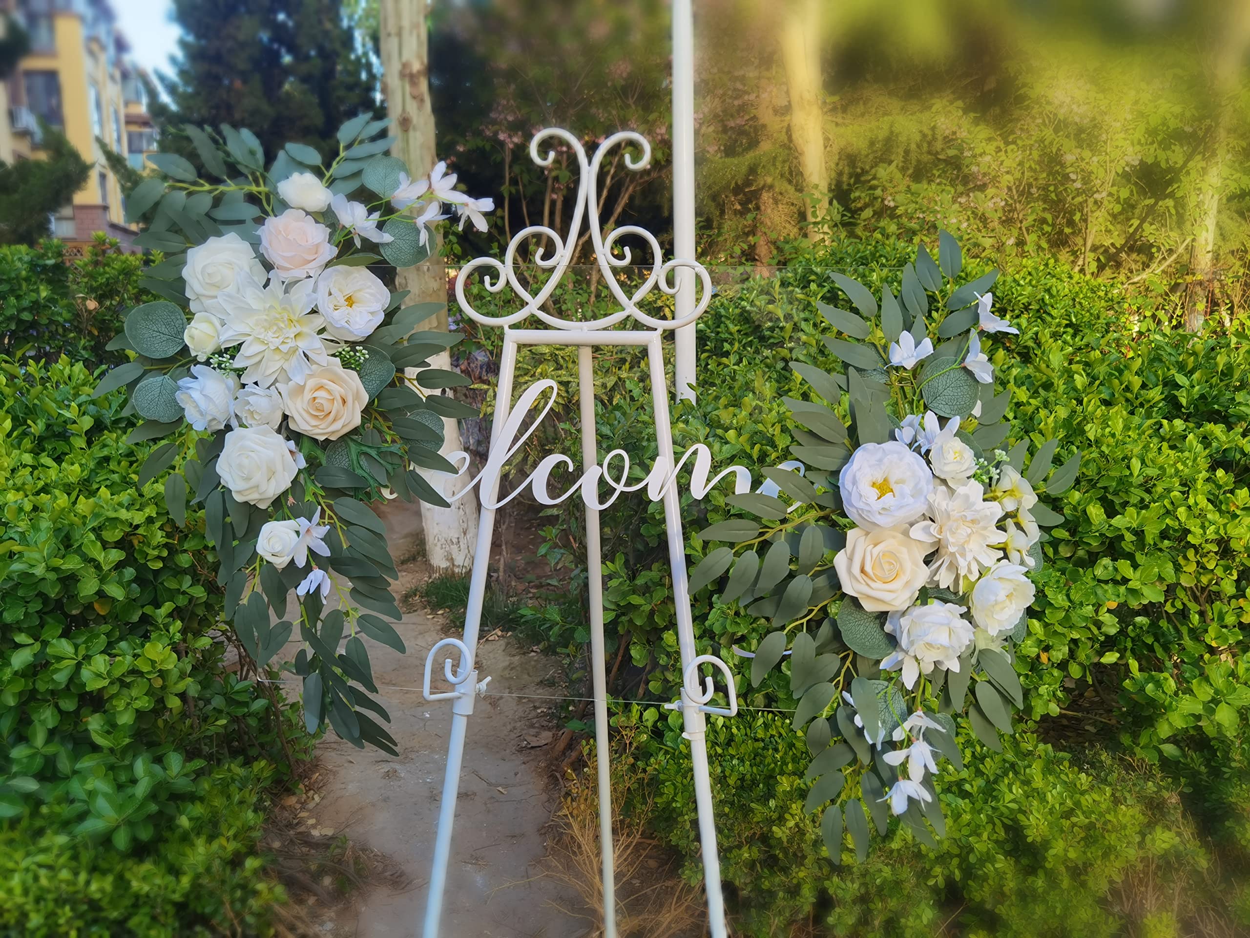 BASIMAN Artificial Flower Swag Set of 2 for Wedding Welcome Sign Floral Decoration and Wedding Signs for Ceremony Reception(White)