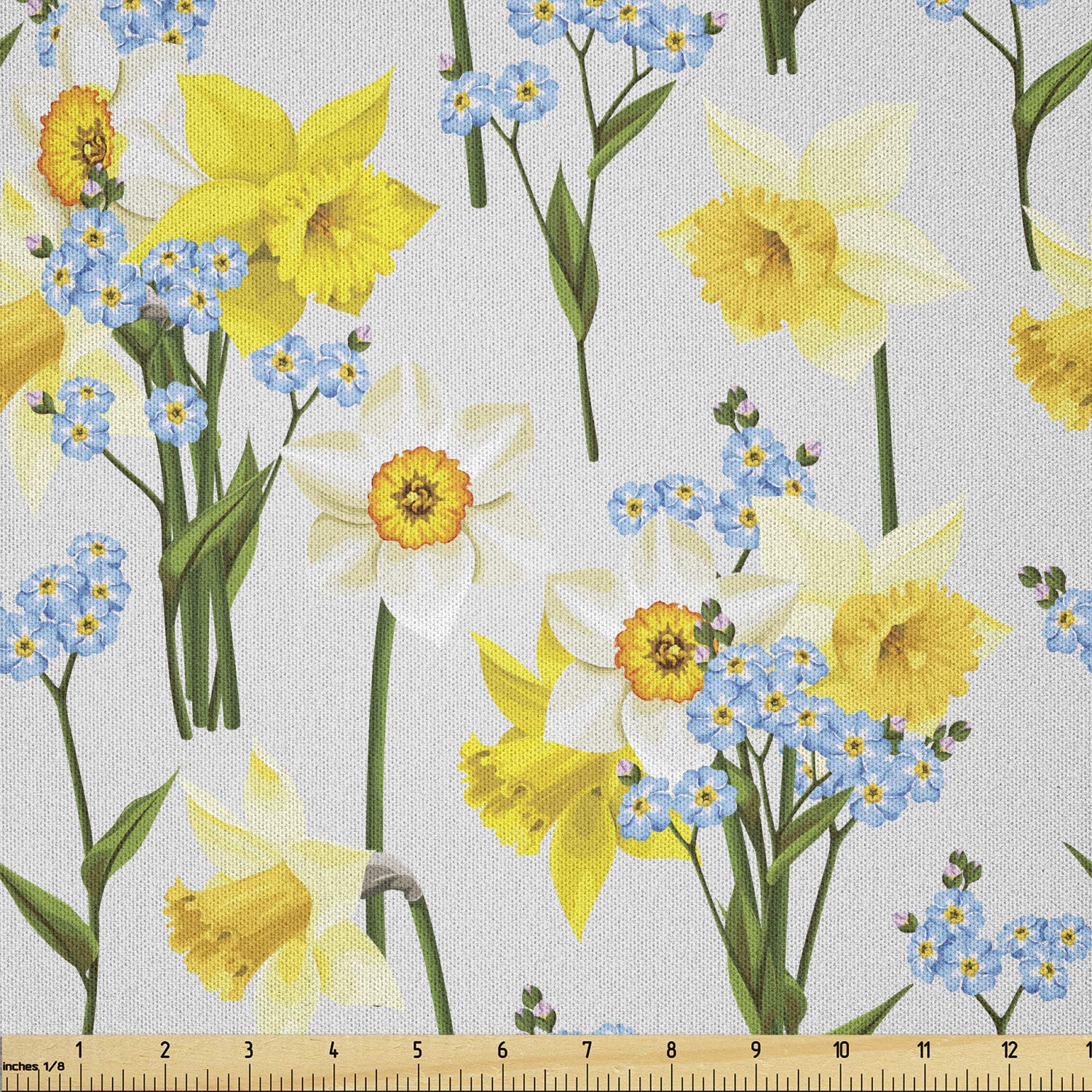 Lunarable Daffodils Fabric by The Yard, Forget Me Not Flowers and Daffodil Blossom Leaf Bouquet Spring Garden, Microfiber Fabric for Arts and Crafts Textiles Decor, 2 Yards, Blue and Yellow