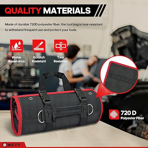 Miniatura 5 de WETT Bolsa de herramientas enrollable, bolsa organizadora de herramientas resistente de 22 pulgadas con bolsillos desmontables, 6 bolsillos para