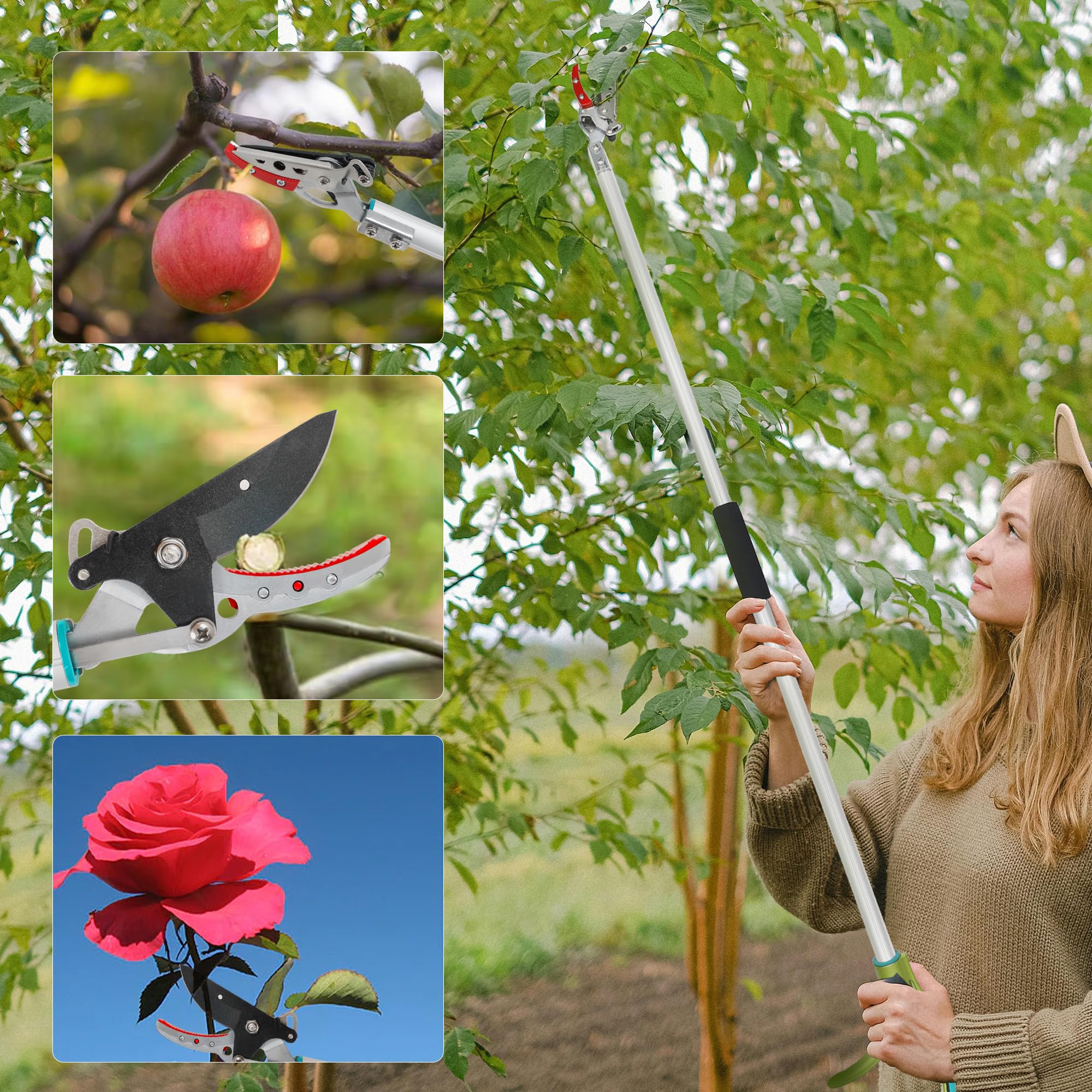 GARTOL Langstiel Baumschere mit Greiffunktion, Obstpflücker & Astschere, SK5 Klinge bis 12 mm, 180° drehbarer Griff