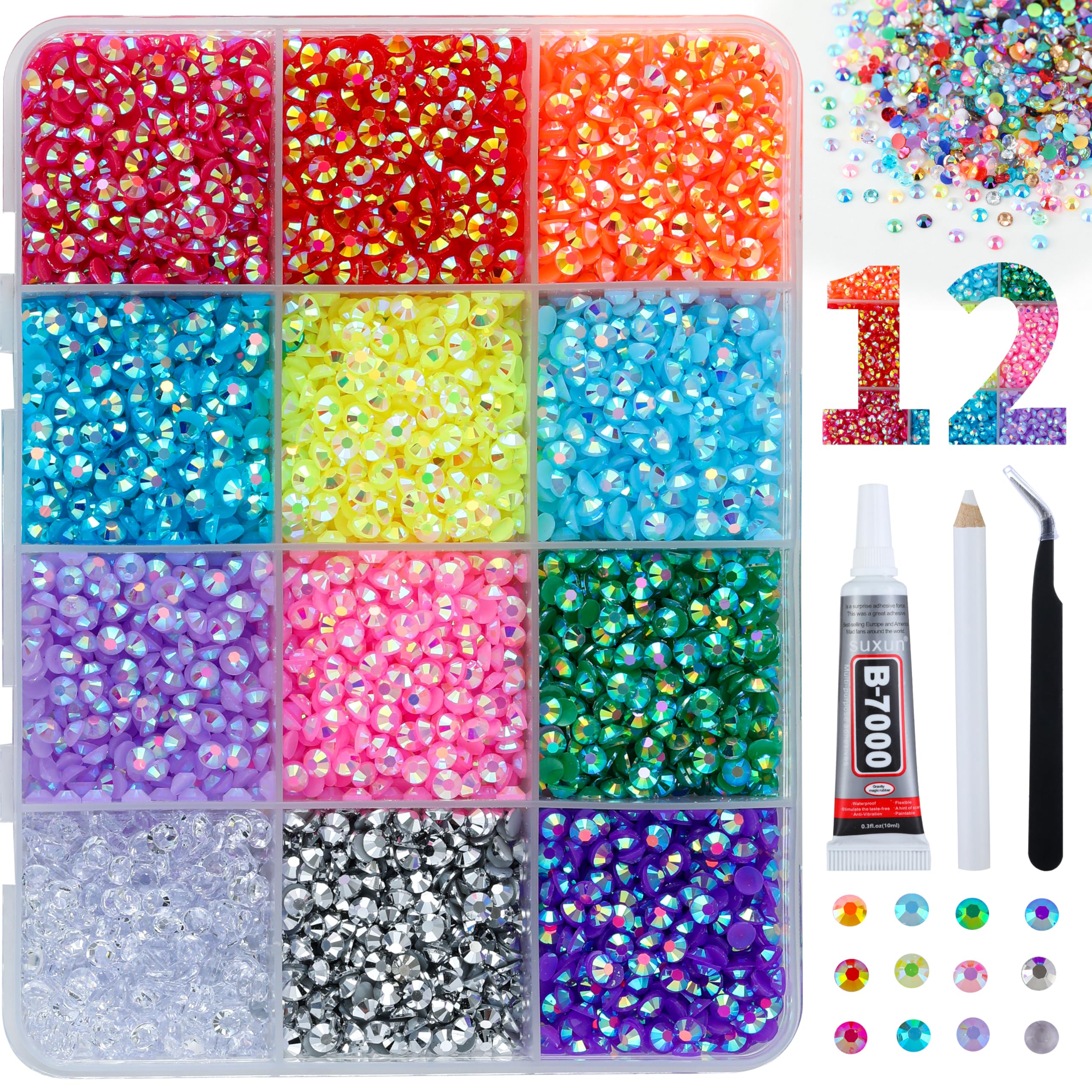 12 Colors Bedazzling Kit, 12000pcs 3mm Flatback Nail Gems & Rhinestones, Bedazzler Kit with Tweezers for DIY Art Crafts, Face Decor, Clothing and Shoes