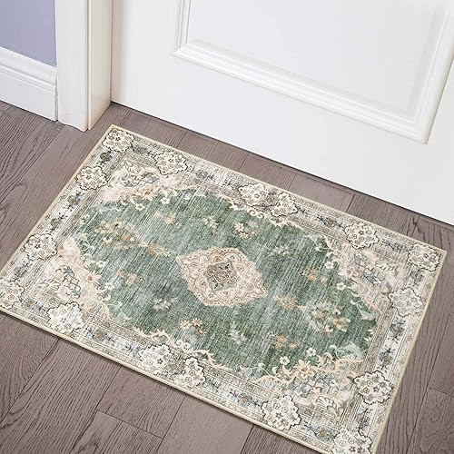Mujoo - Alfombra pequeña verde, estilo bohemio, lavable a máquina, antideslizante, para entrada, cocina, baño, dormitorio, vintage, suave, de pelo