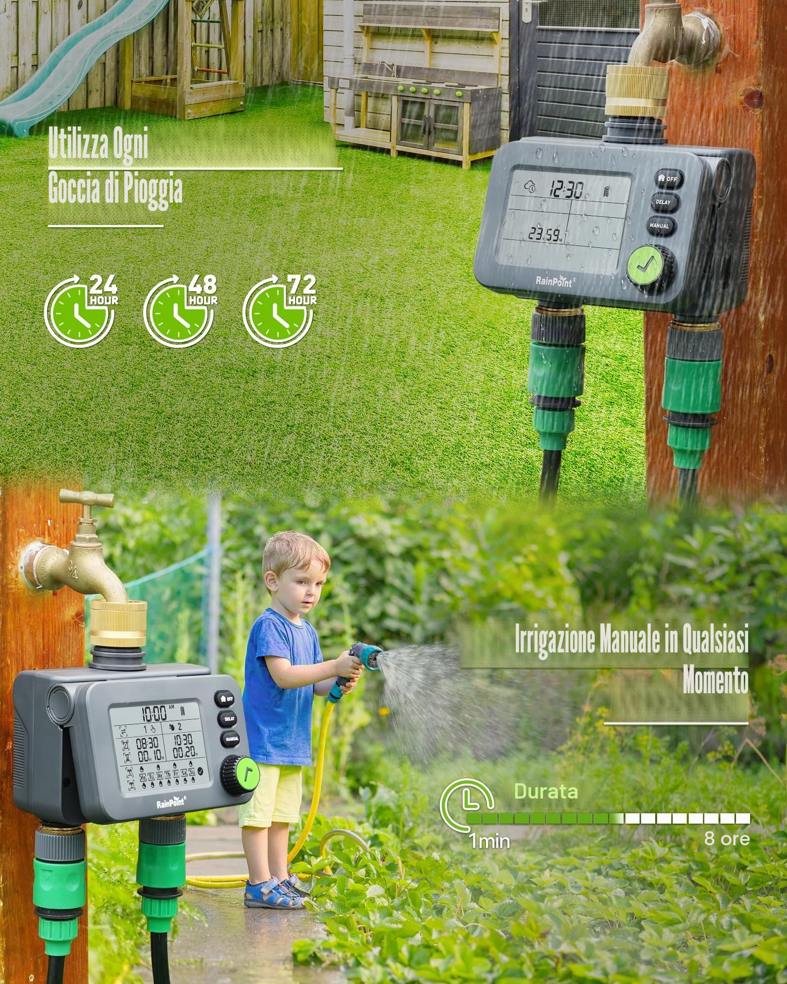 RAINPOINT Centralina Irrigazione 2 uscite con ingresso e uscita in ottone, Timer Irrigazione con ritardo della pioggia/modalità automatica e manuale, IP54/grande LCD, Computer di irrigazione giardino