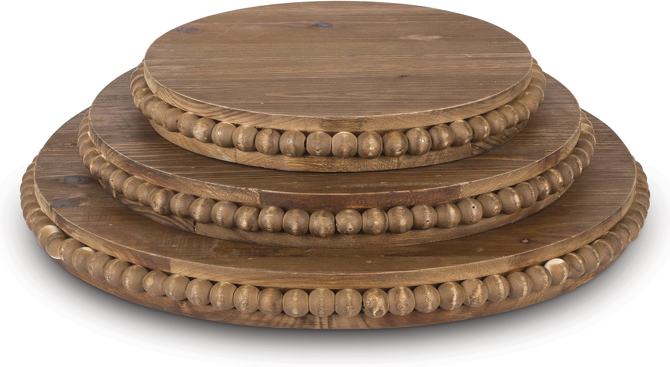 Lone Elm 94151 Wood Beaded Pedestal Tray (Set of 3), 16" x 1.5" x 16"