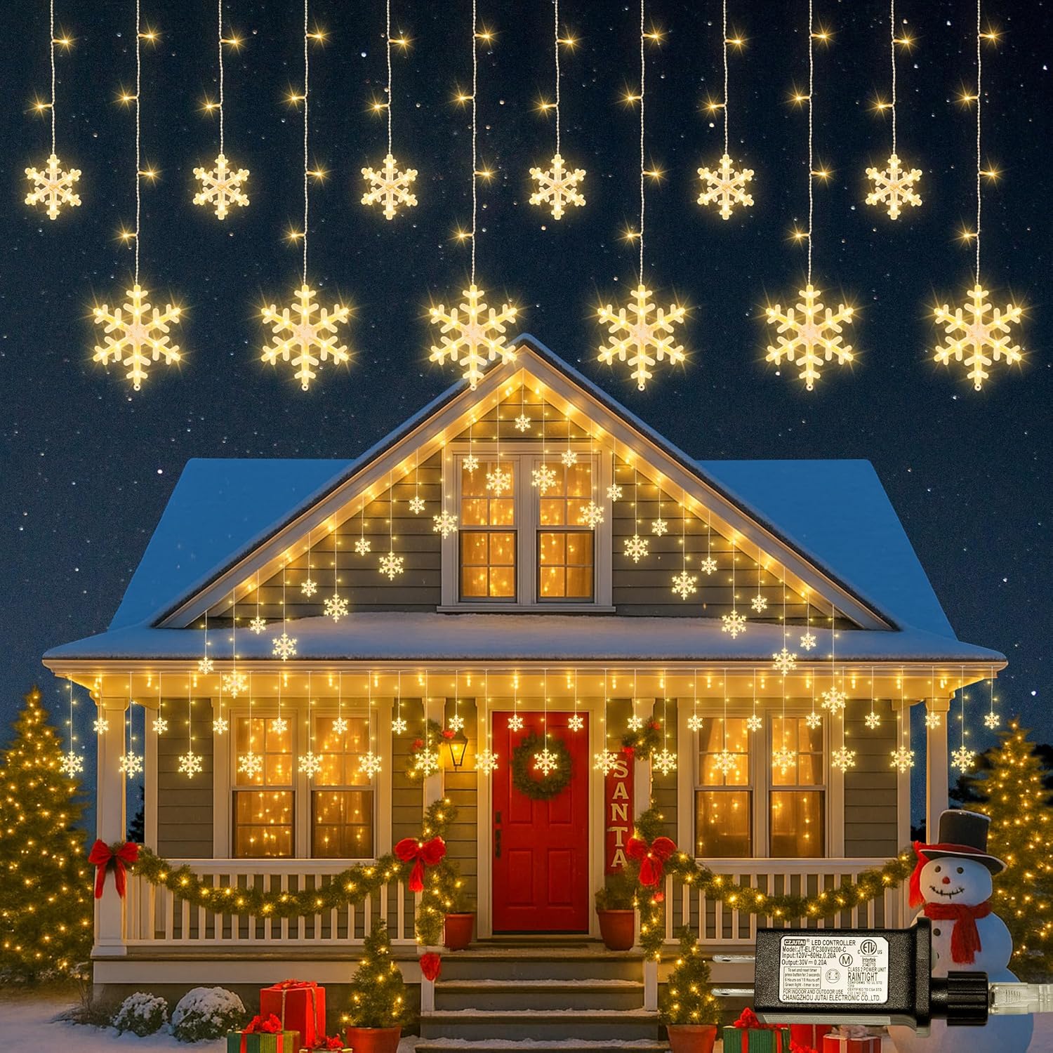 Christmas Snowflake Lights,6.5ft 144LED Window Icicle Lights with 12 Drops,8 Modes Timer Connectable Curtain Light Plug in for Bedroom,Eaves,Wedding,Indoor Outdoor Xmas Decor,Warm White Warm White 144LED