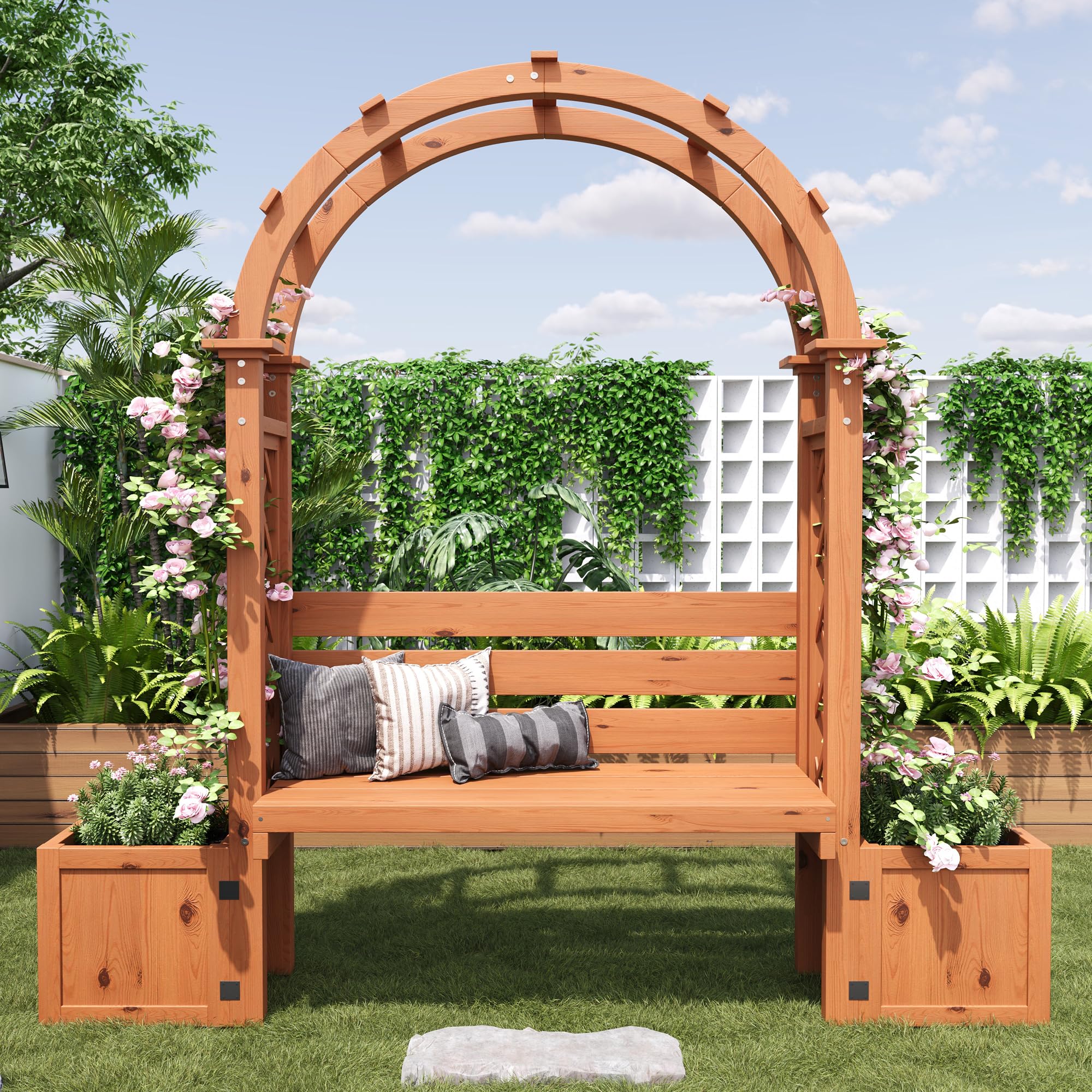 Blumenkasten mit Rankgitter, Pflanzkasten als Sichtschutz für Hof | Für Garten Balkon, Outdoor Pflanzkübel Pflanzgefäß aus Holz, Blumenkübel mit Spalier für Terrasse, 160x160x30,5 cm, Natur