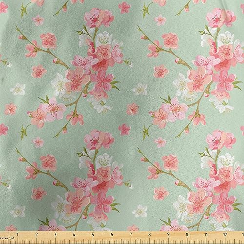Lunarable Shabby Flora Fabric by The Yard, Flowers of Spring Flourishing Nature Branches Vintage Inspirations, Decorative Satin Fabric for Home